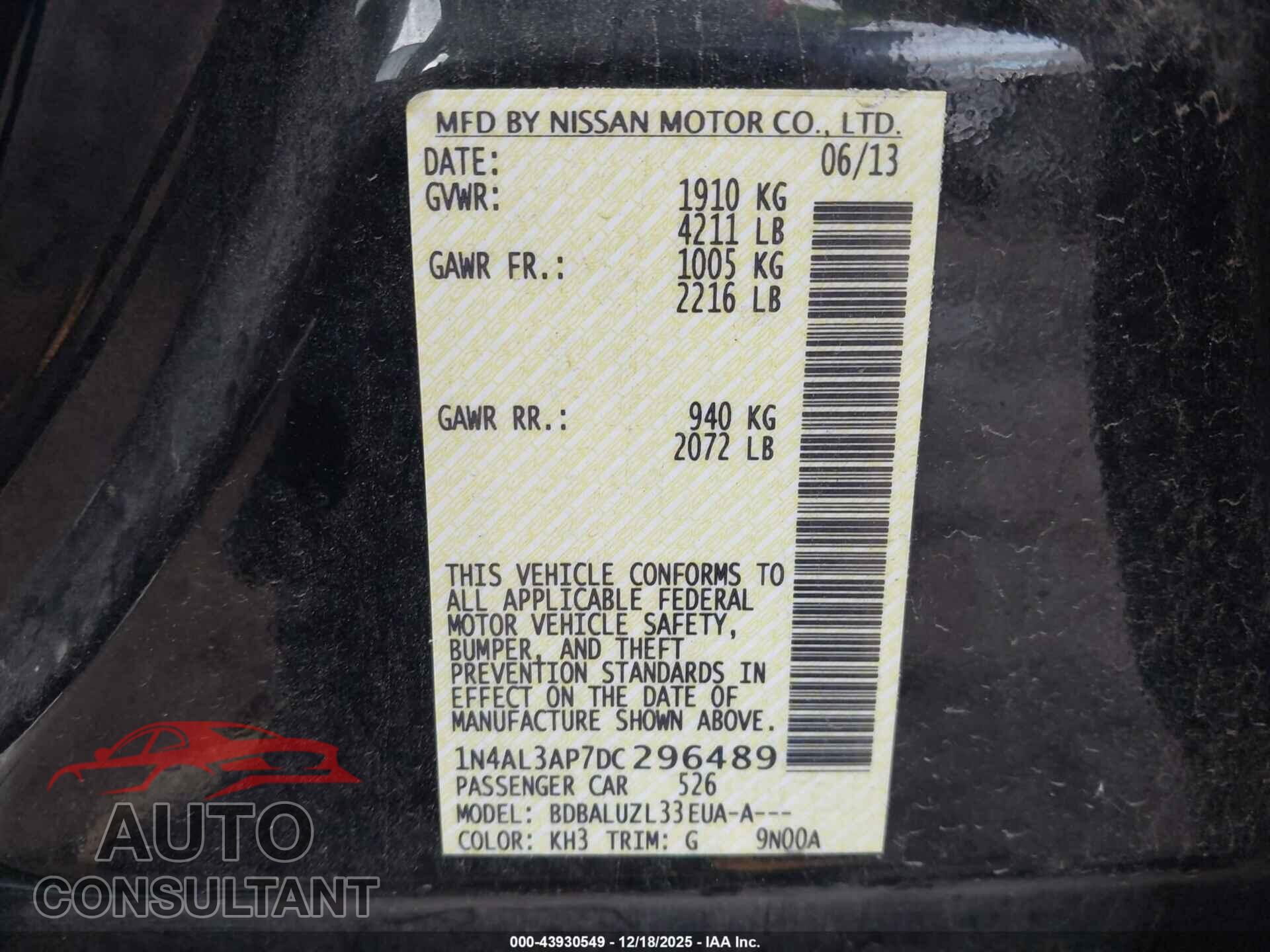 NISSAN ALTIMA 2013 - 1N4AL3AP7DC296489
