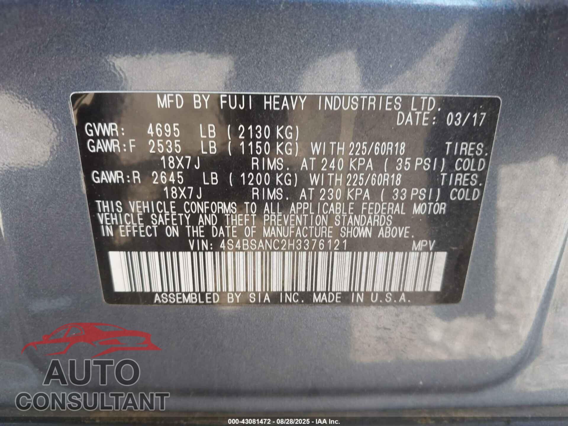 SUBARU OUTBACK 2017 - 4S4BSANC2H3376121