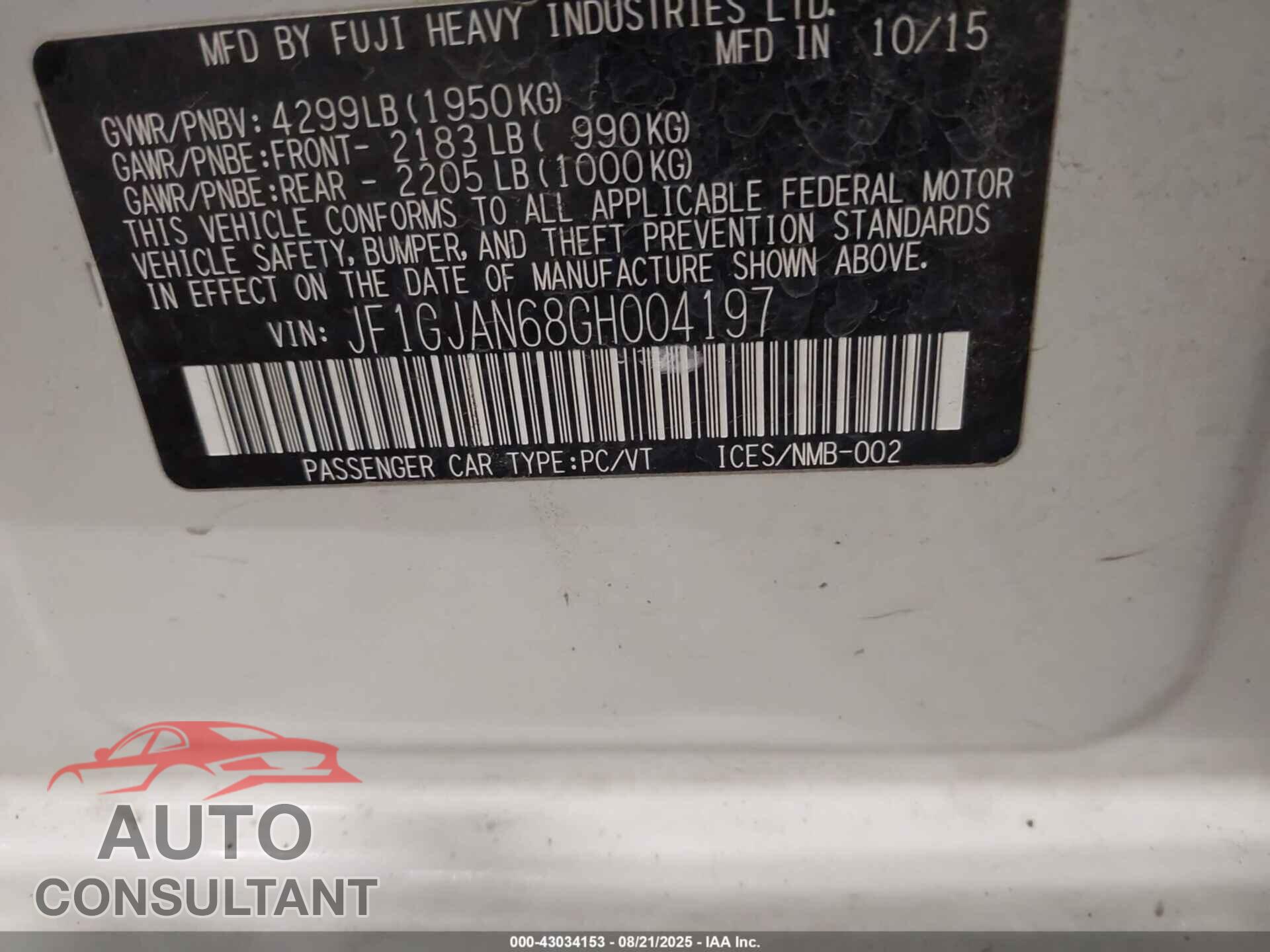 SUBARU IMPREZA 2016 - JF1GJAN68GH004197