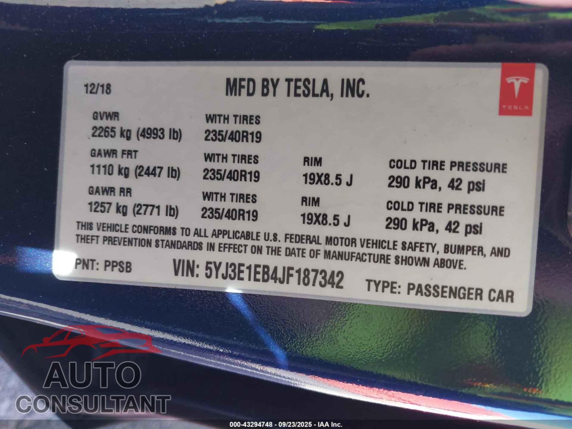 TESLA MODEL 3 2018 - 5YJ3E1EB4JF187342