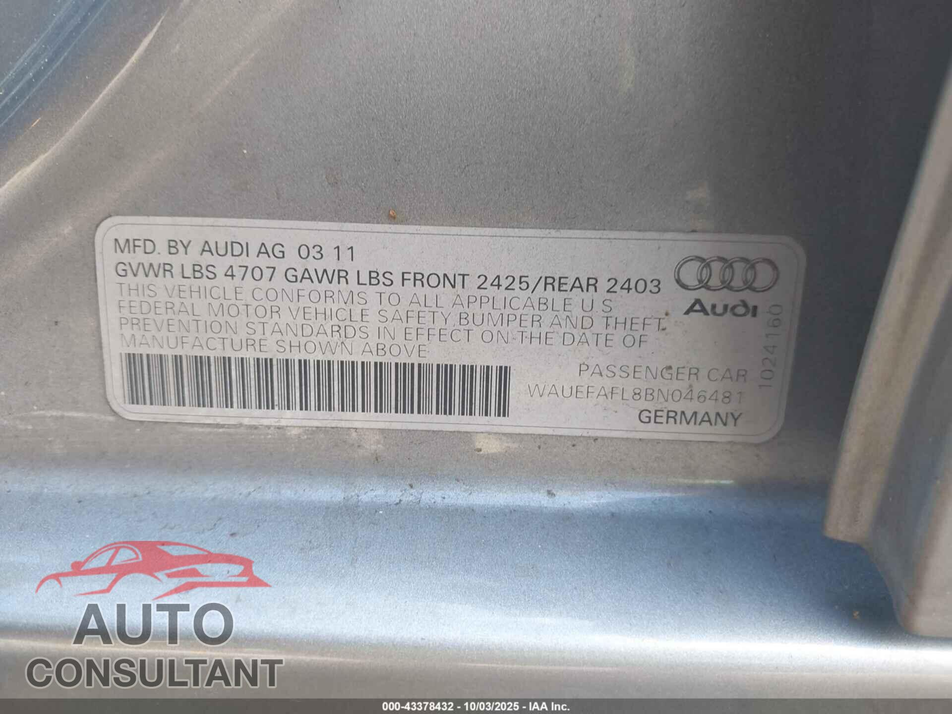 AUDI A4 2011 - WAUEFAFL8BN046481