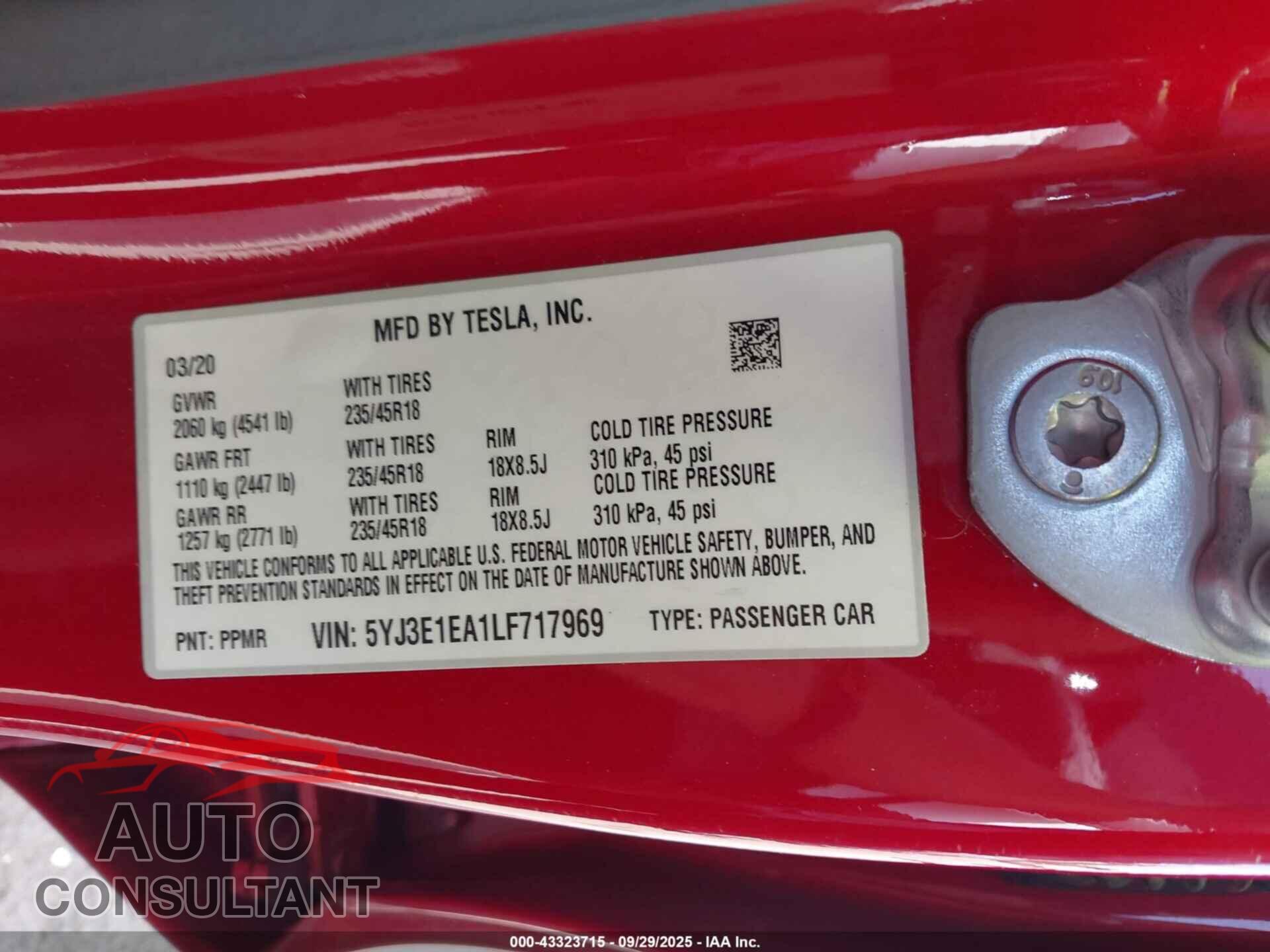 TESLA MODEL 3 2020 - 5YJ3E1EA1LF717969