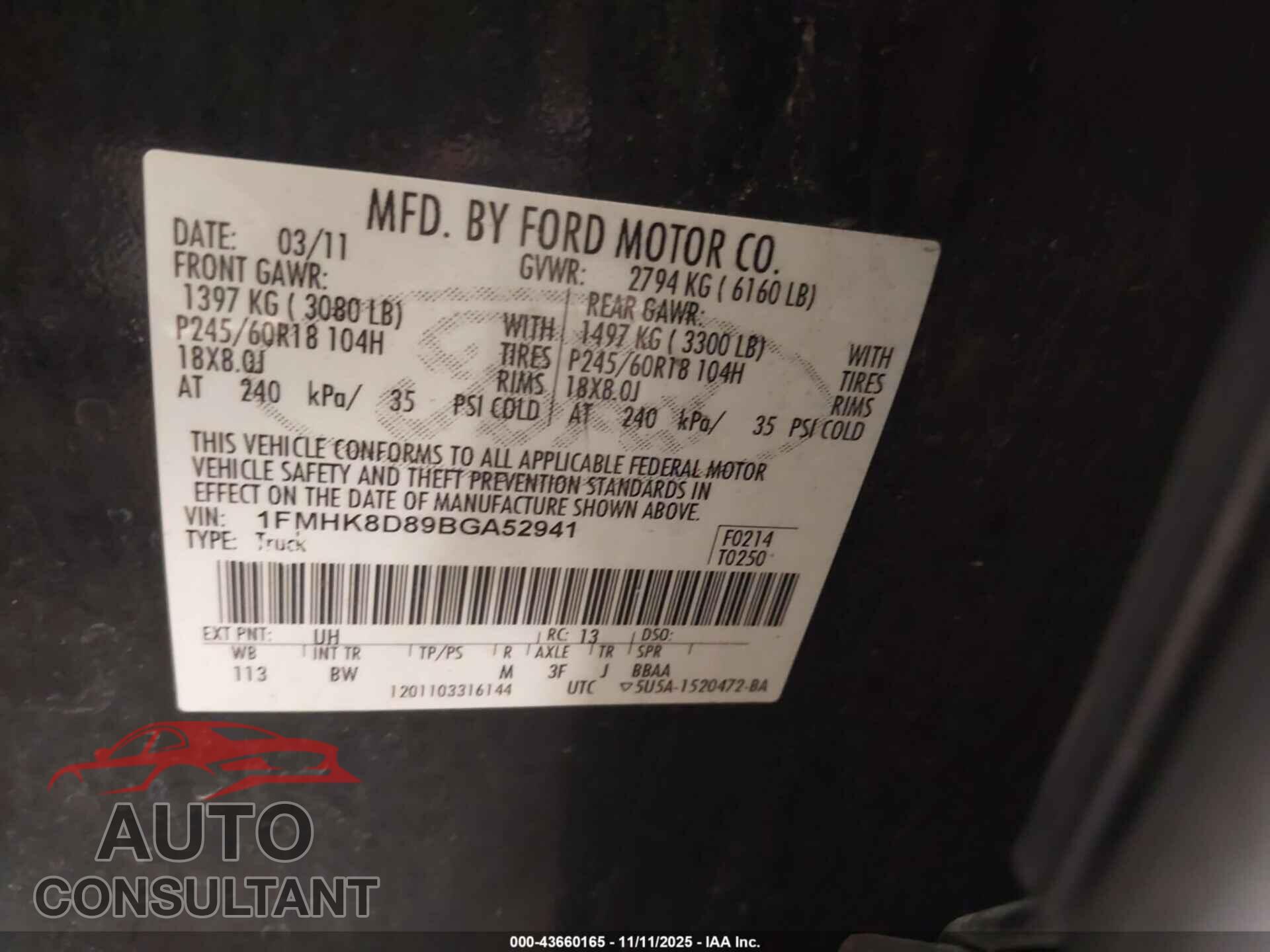 FORD EXPLORER 2011 - 1FMHK8D89BGA52941