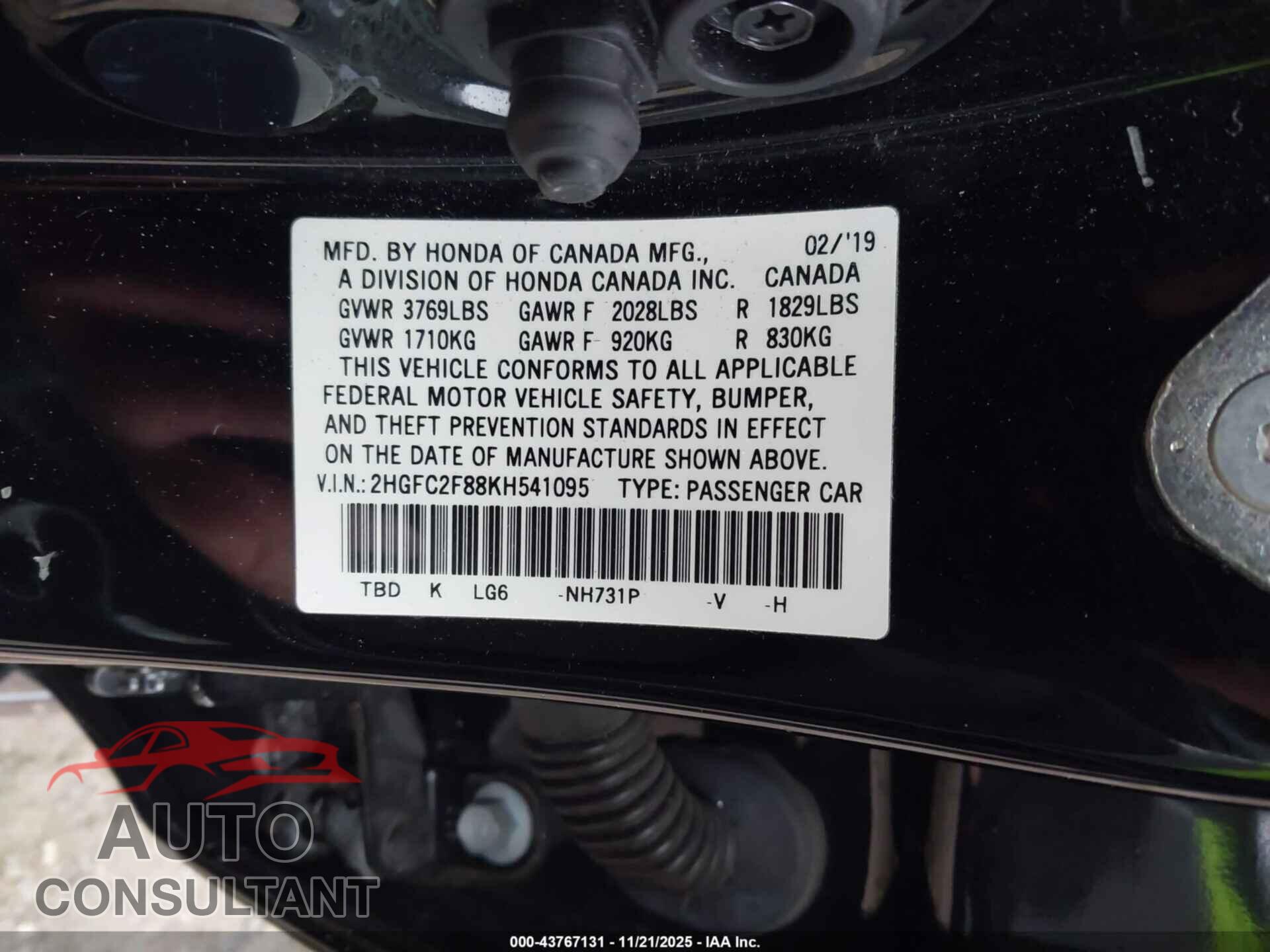 HONDA CIVIC 2019 - 2HGFC2F88KH541095