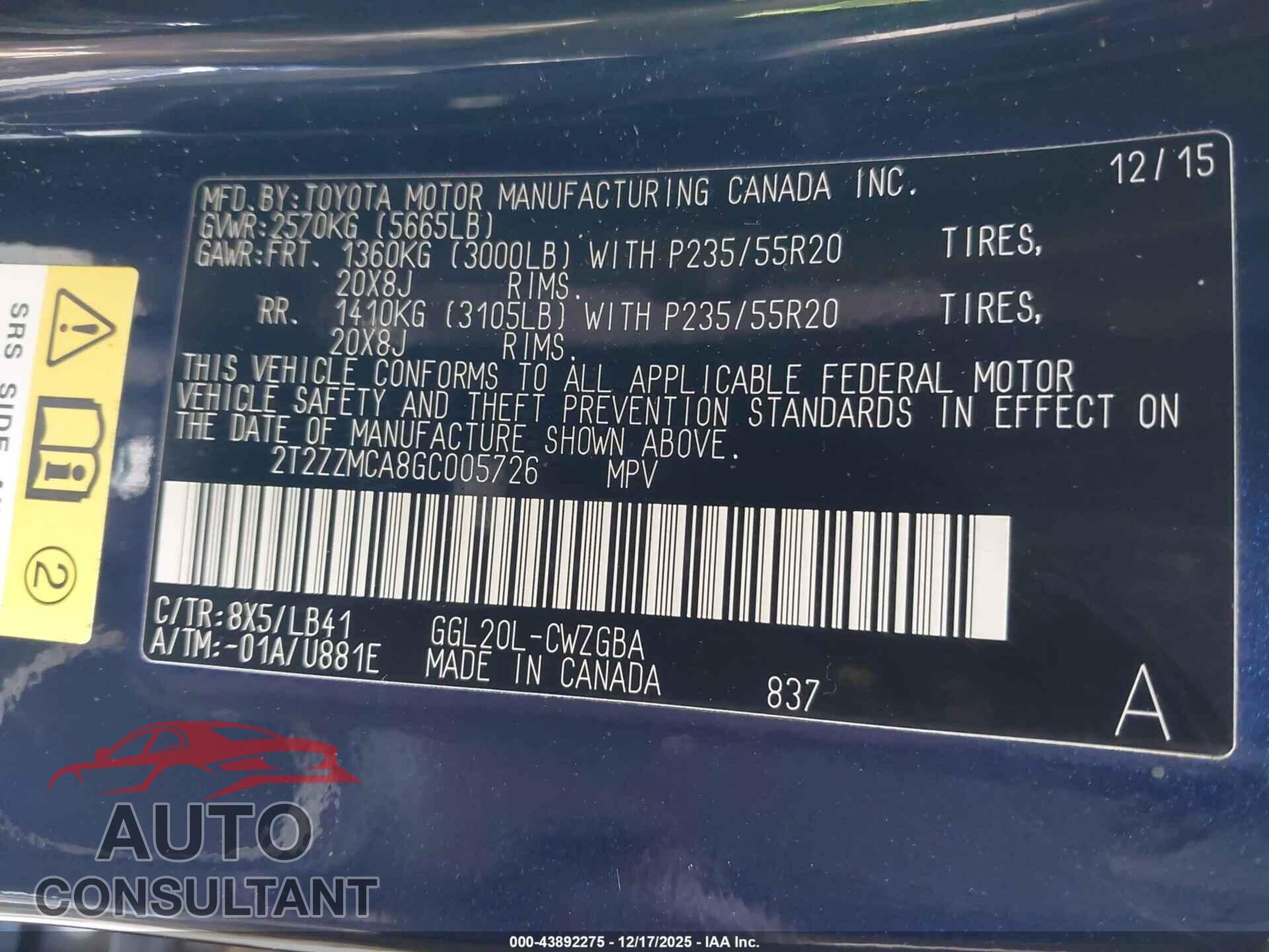 LEXUS RX 350 2016 - 2T2ZZMCA8GC005726