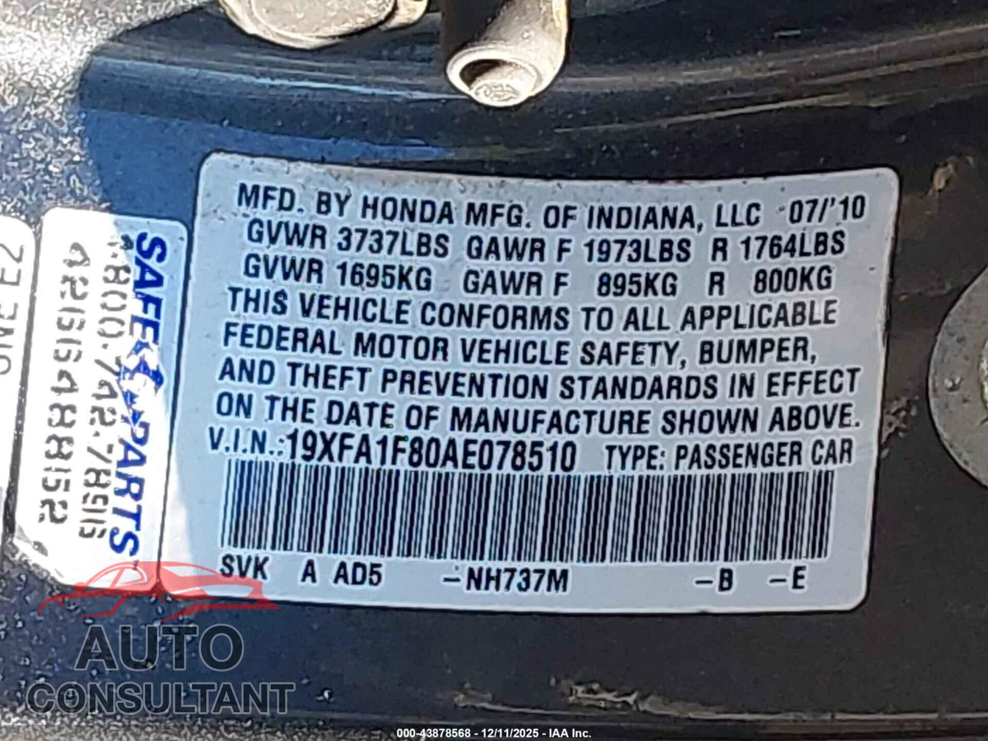 HONDA CIVIC 2010 - 19XFA1F80AE078510