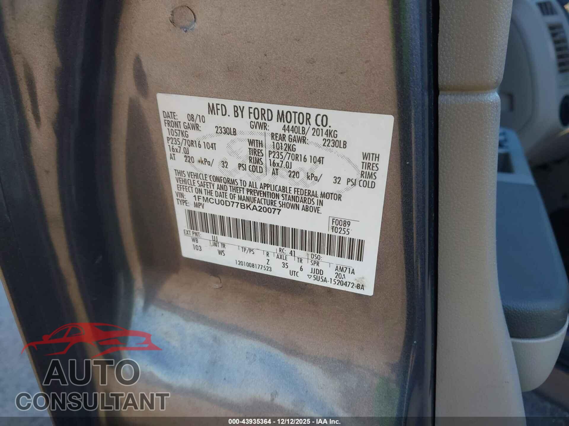 FORD ESCAPE 2011 - 1FMCU0D77BKA20077