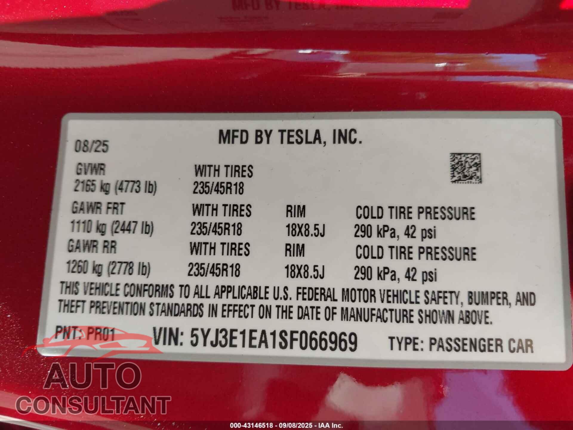 TESLA MODEL 3 2025 - 5YJ3E1EA1SF066969
