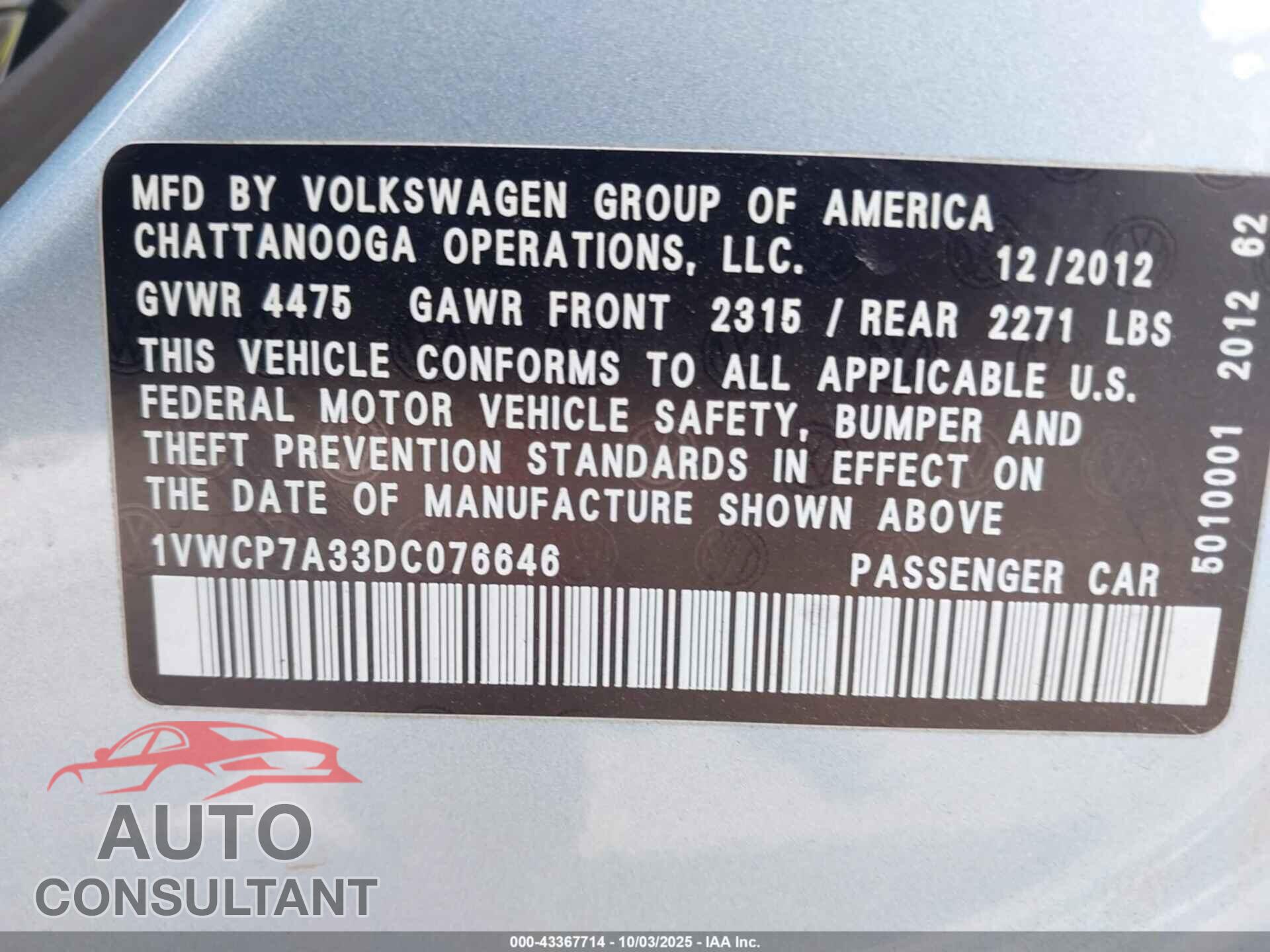 VOLKSWAGEN PASSAT 2013 - 1VWCP7A33DC076646