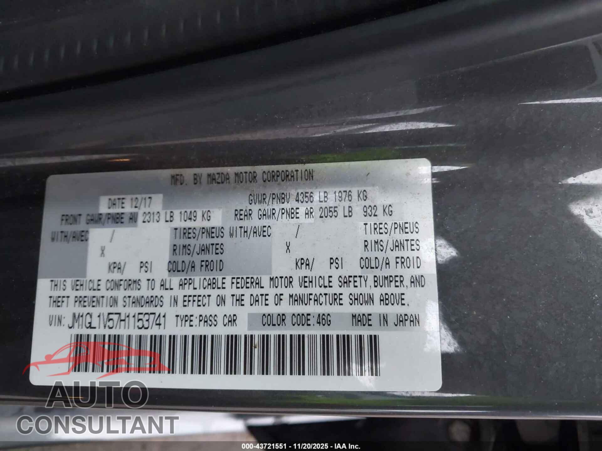 MAZDA MAZDA6 2017 - JM1GL1V57H1153741
