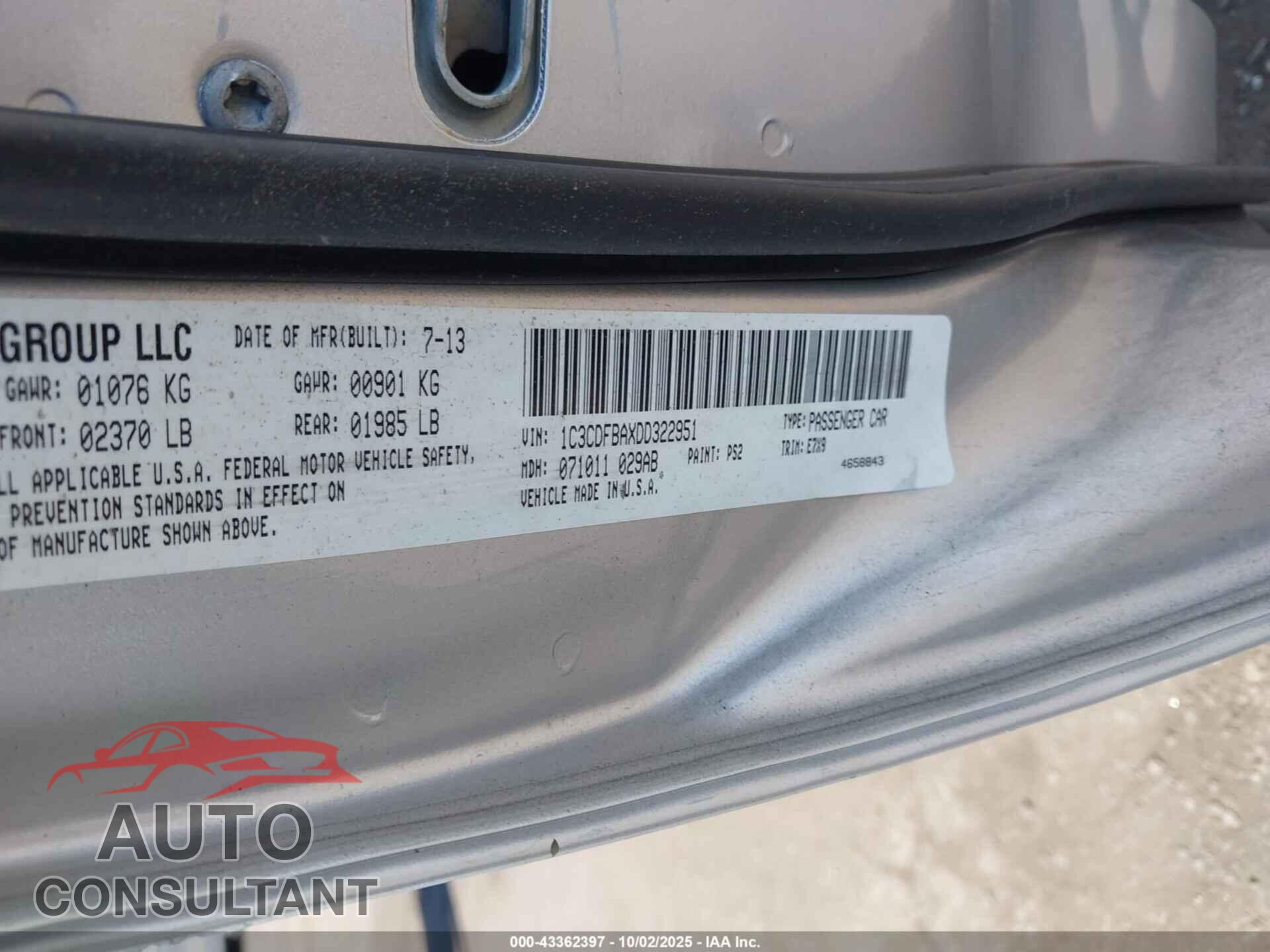DODGE DART 2013 - 1C3CDFBAXDD322951