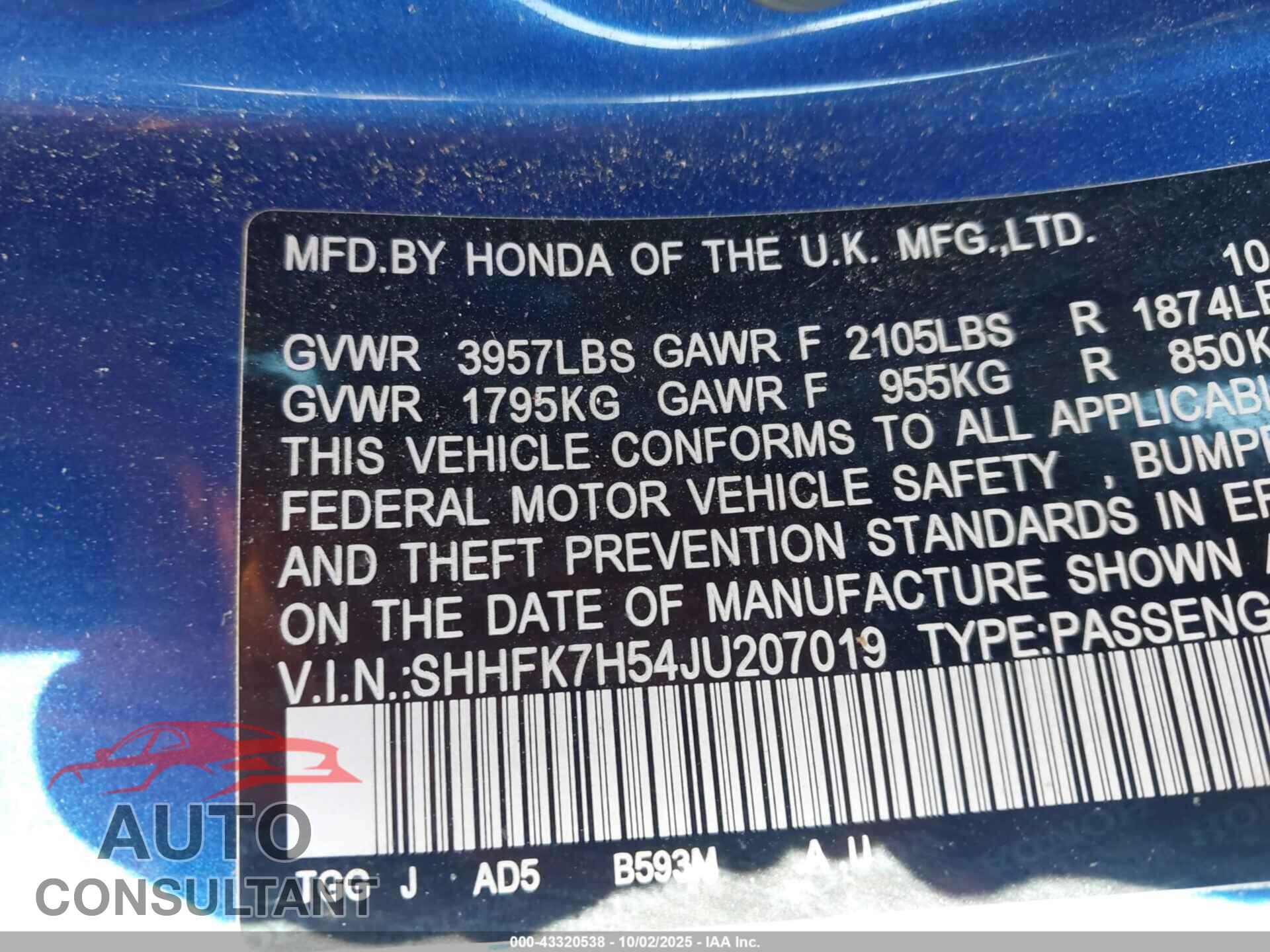 HONDA CIVIC 2018 - SHHFK7H54JU207019