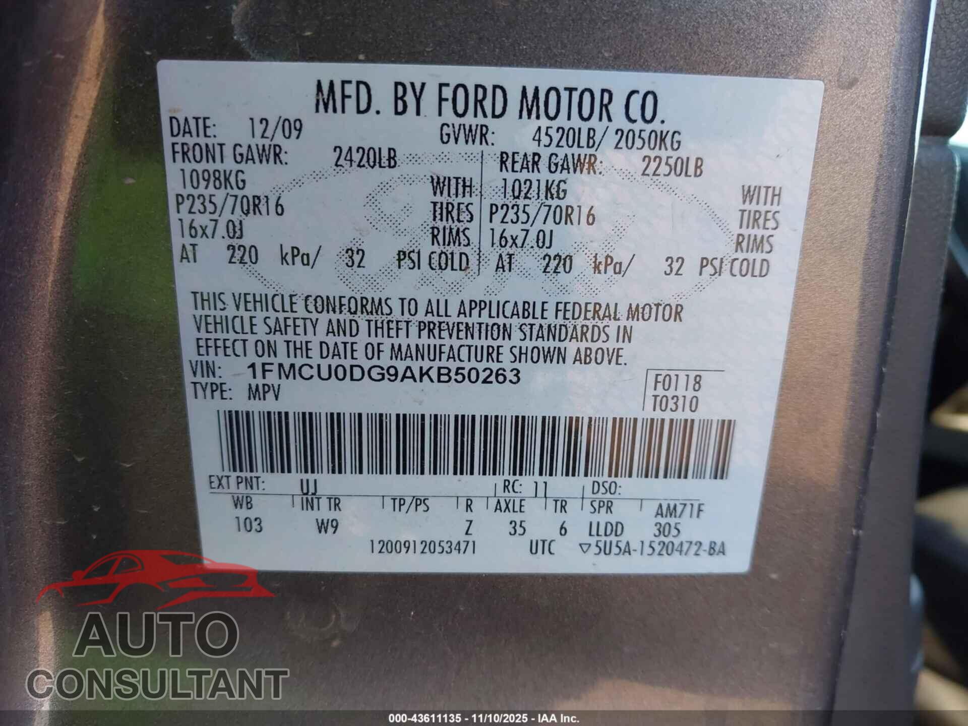 FORD ESCAPE 2010 - 1FMCU0DG9AKB50263
