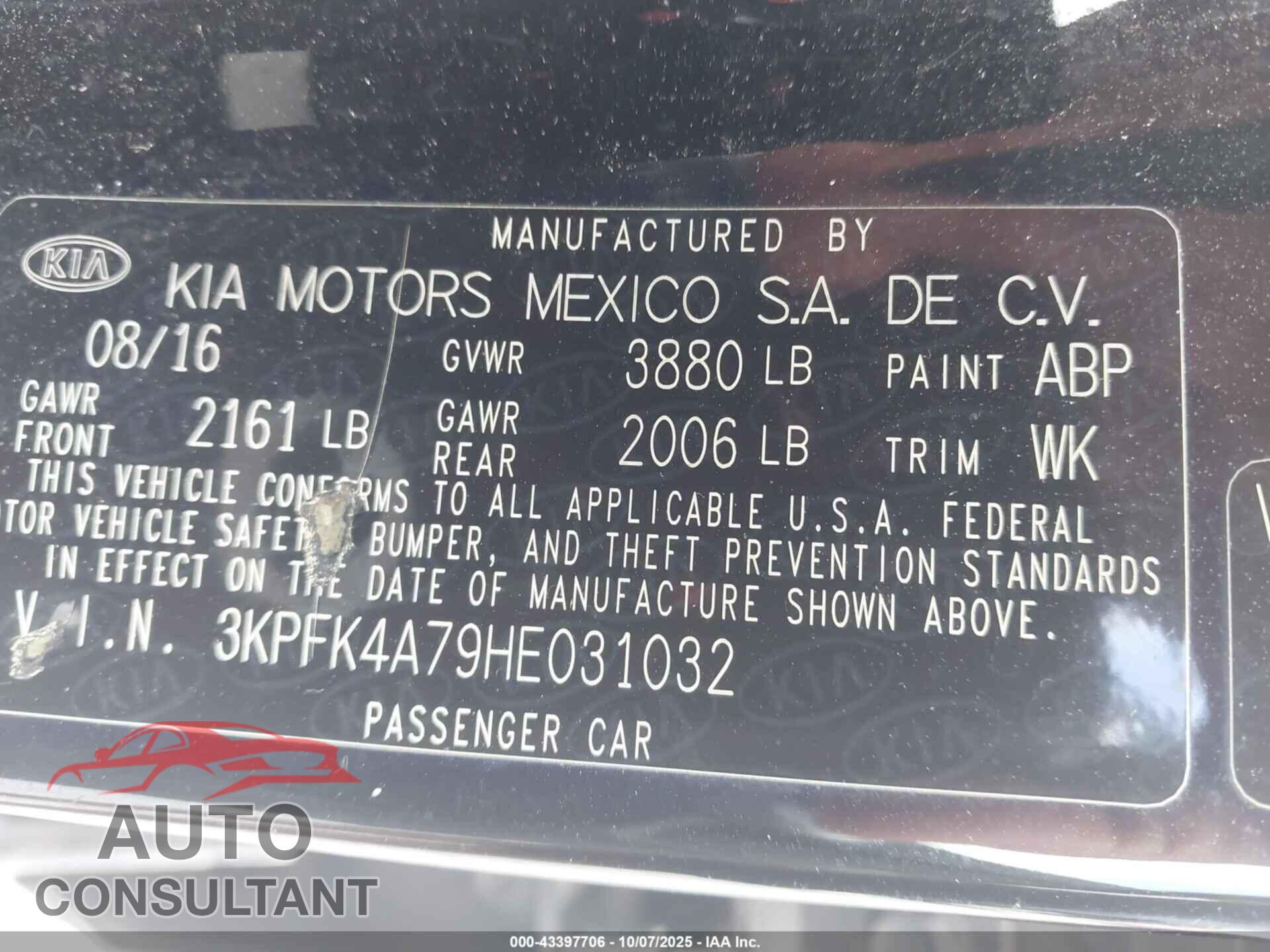 KIA FORTE 2017 - 3KPFK4A79HE031032