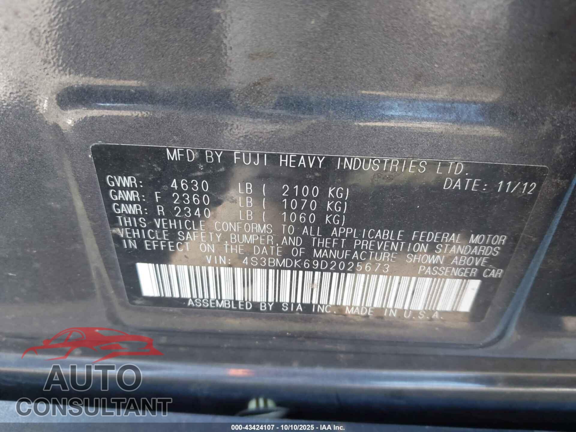 SUBARU LEGACY 2013 - 4S3BMDK69D2025673