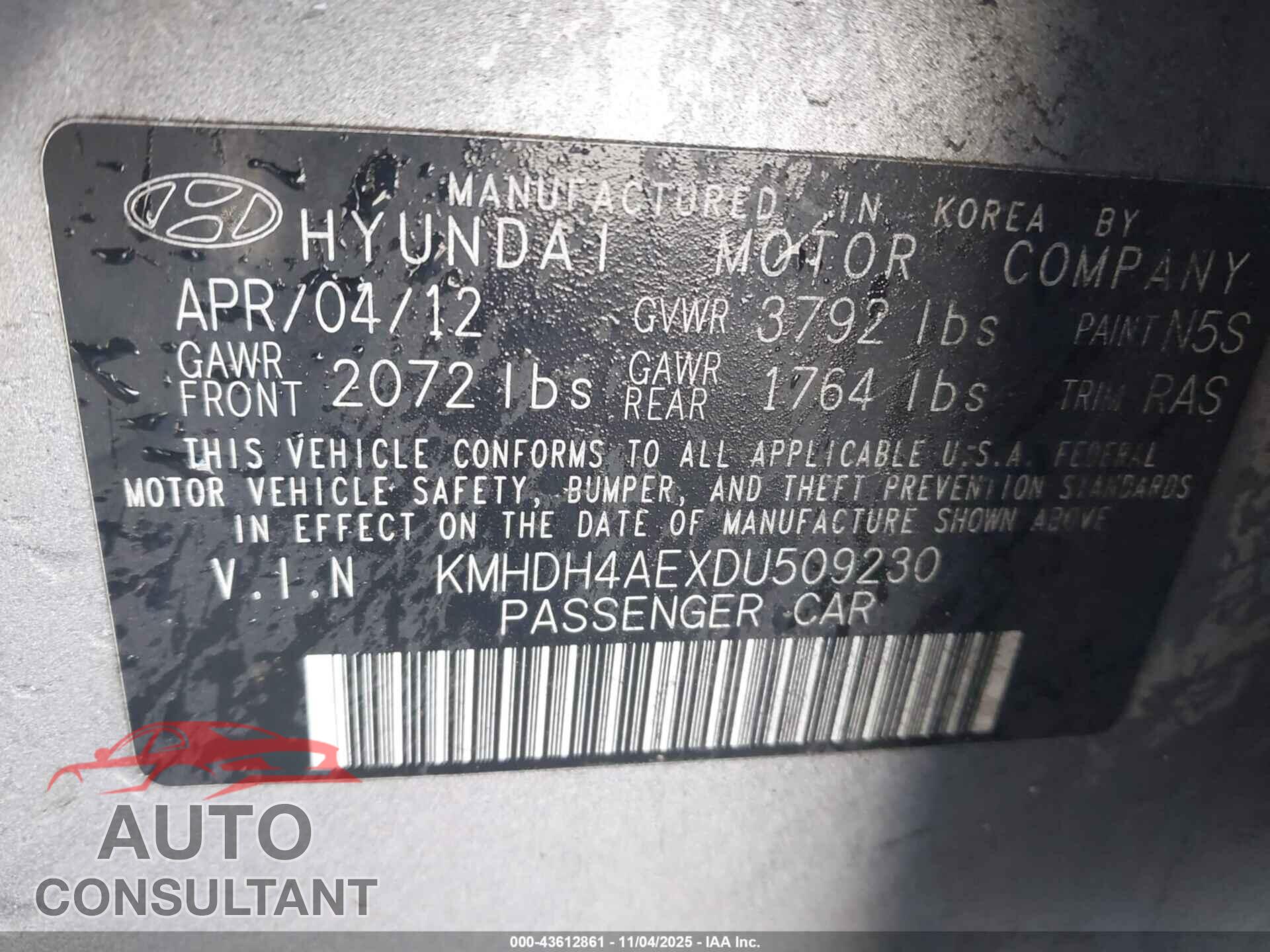 HYUNDAI ELANTRA 2013 - KMHDH4AEXDU509230