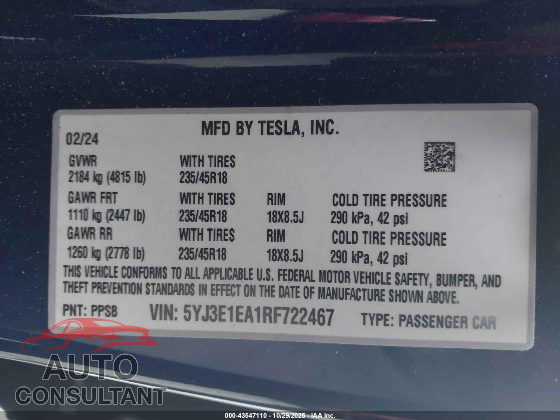 TESLA MODEL 3 2024 - 5YJ3E1EA1RF722467