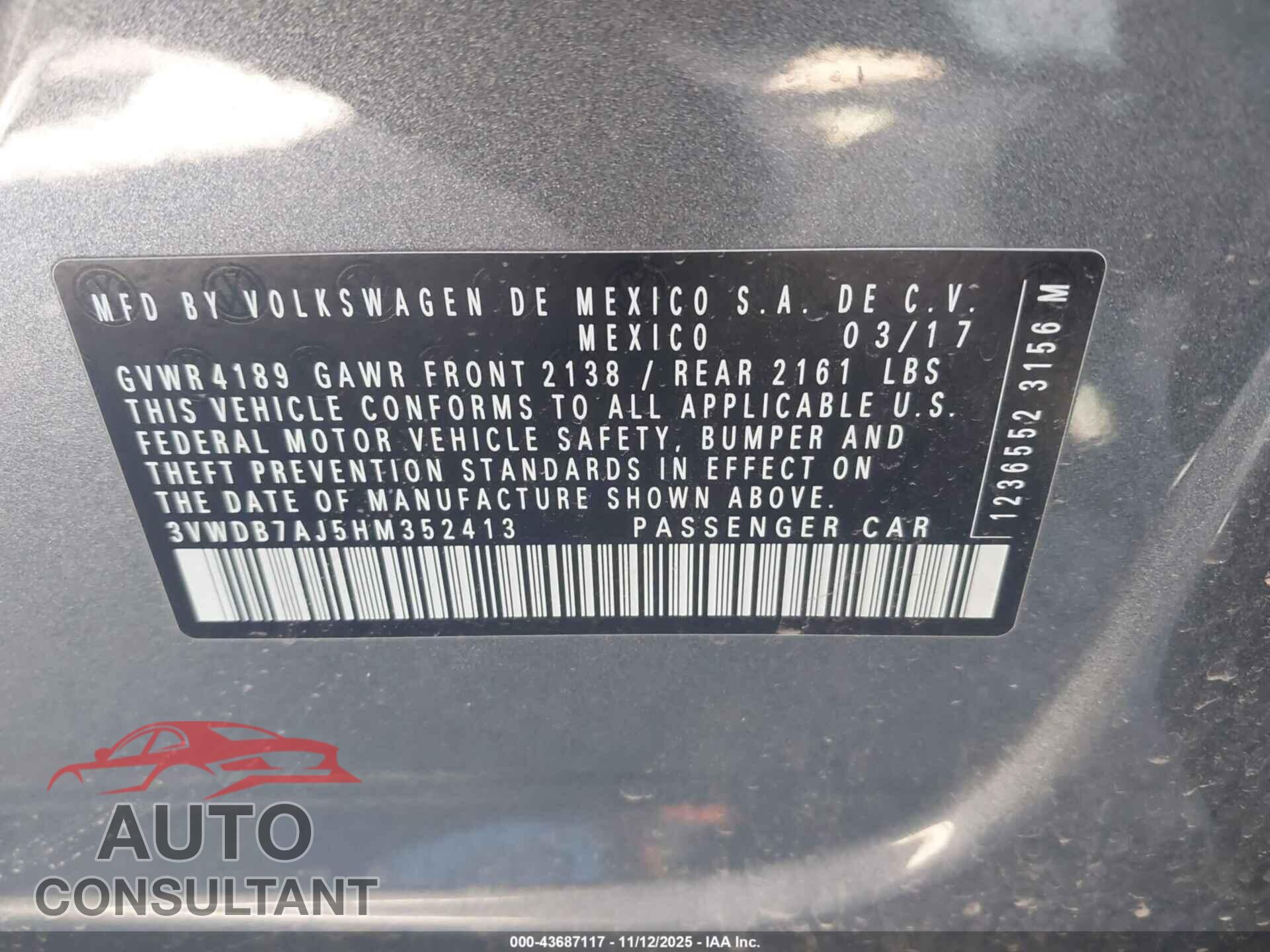 VOLKSWAGEN JETTA 2017 - 3VWDB7AJ5HM352413