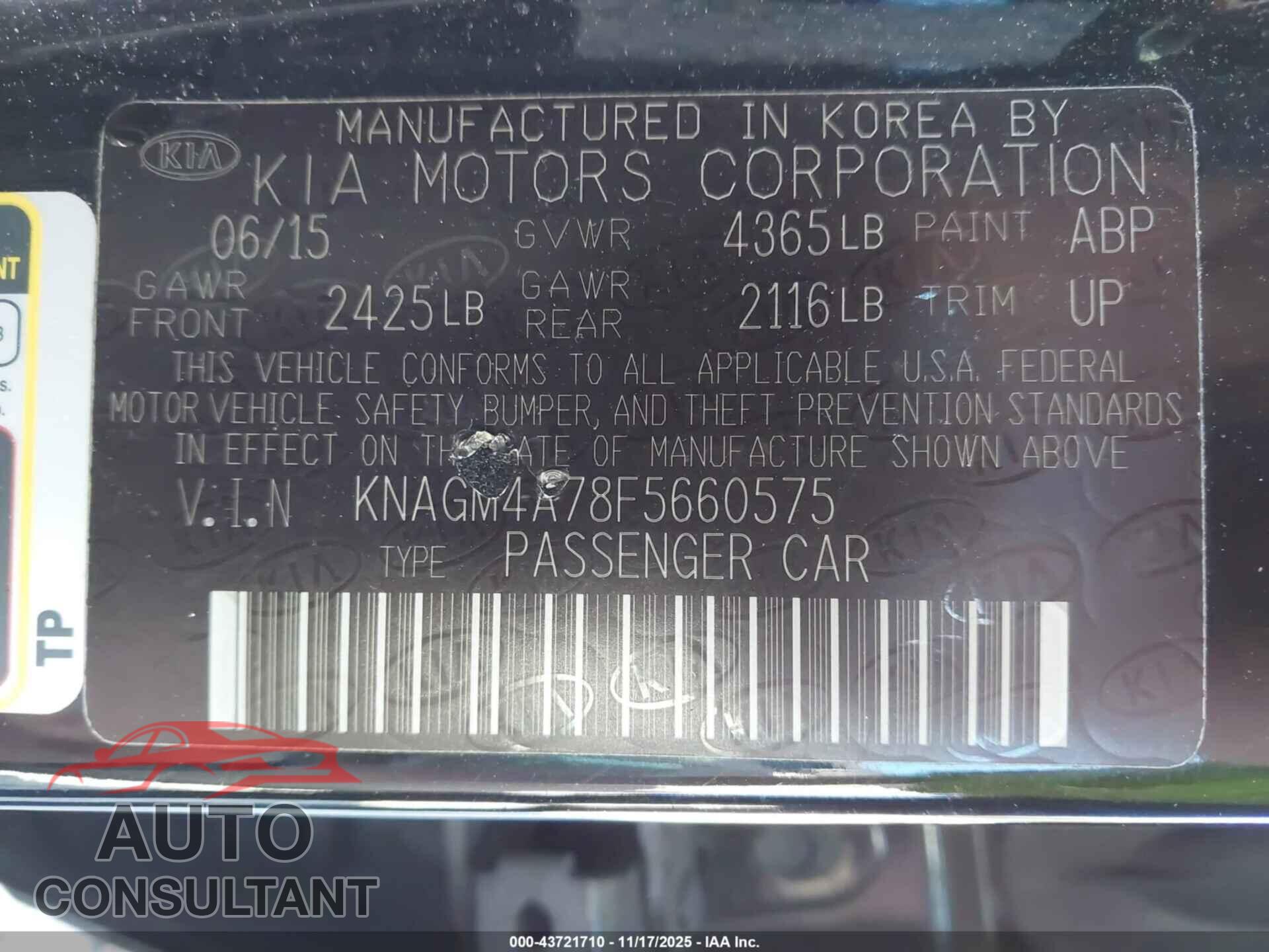KIA OPTIMA 2015 - KNAGM4A78F5660575