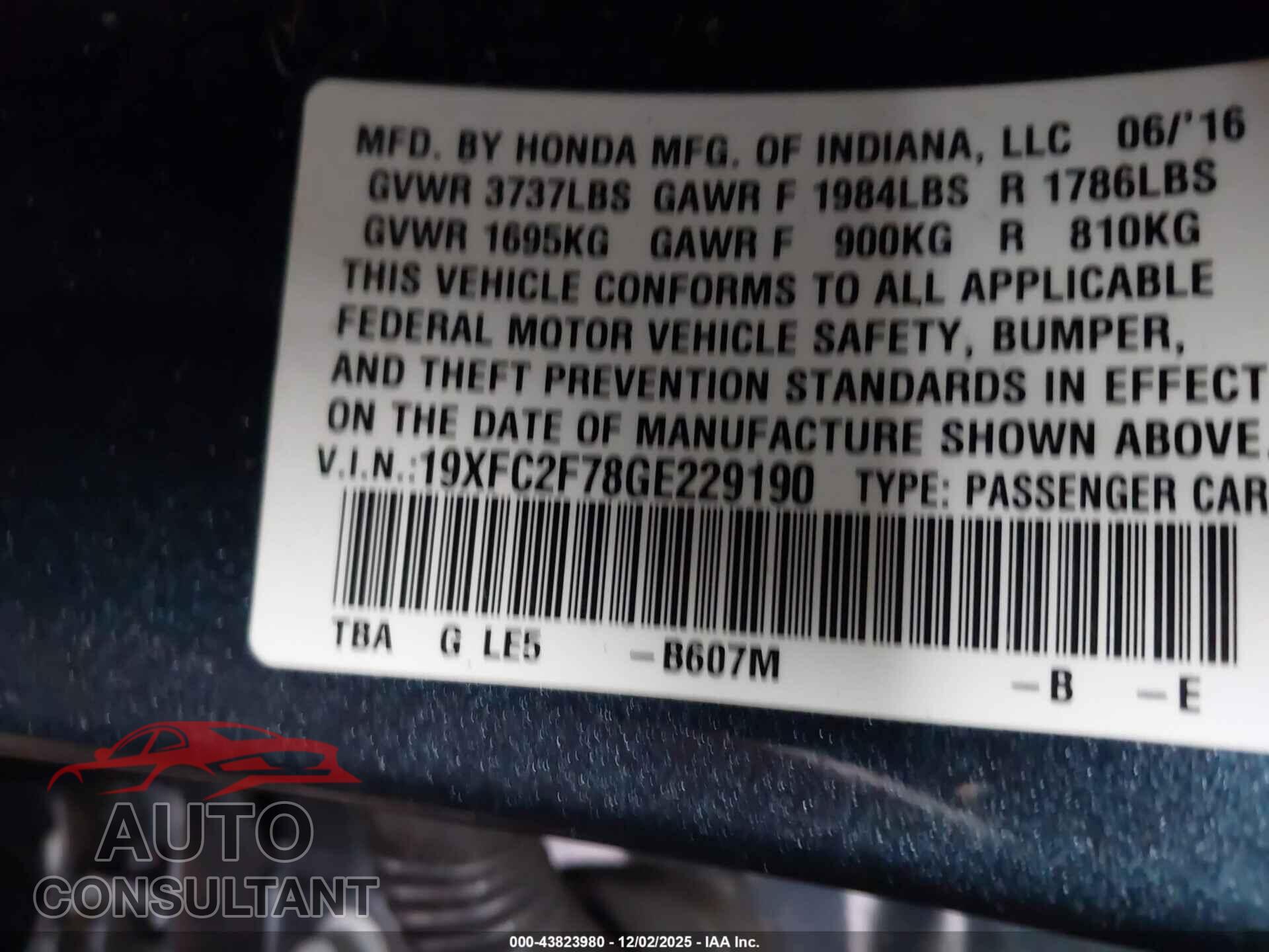 HONDA CIVIC 2016 - 19XFC2F78GE229190