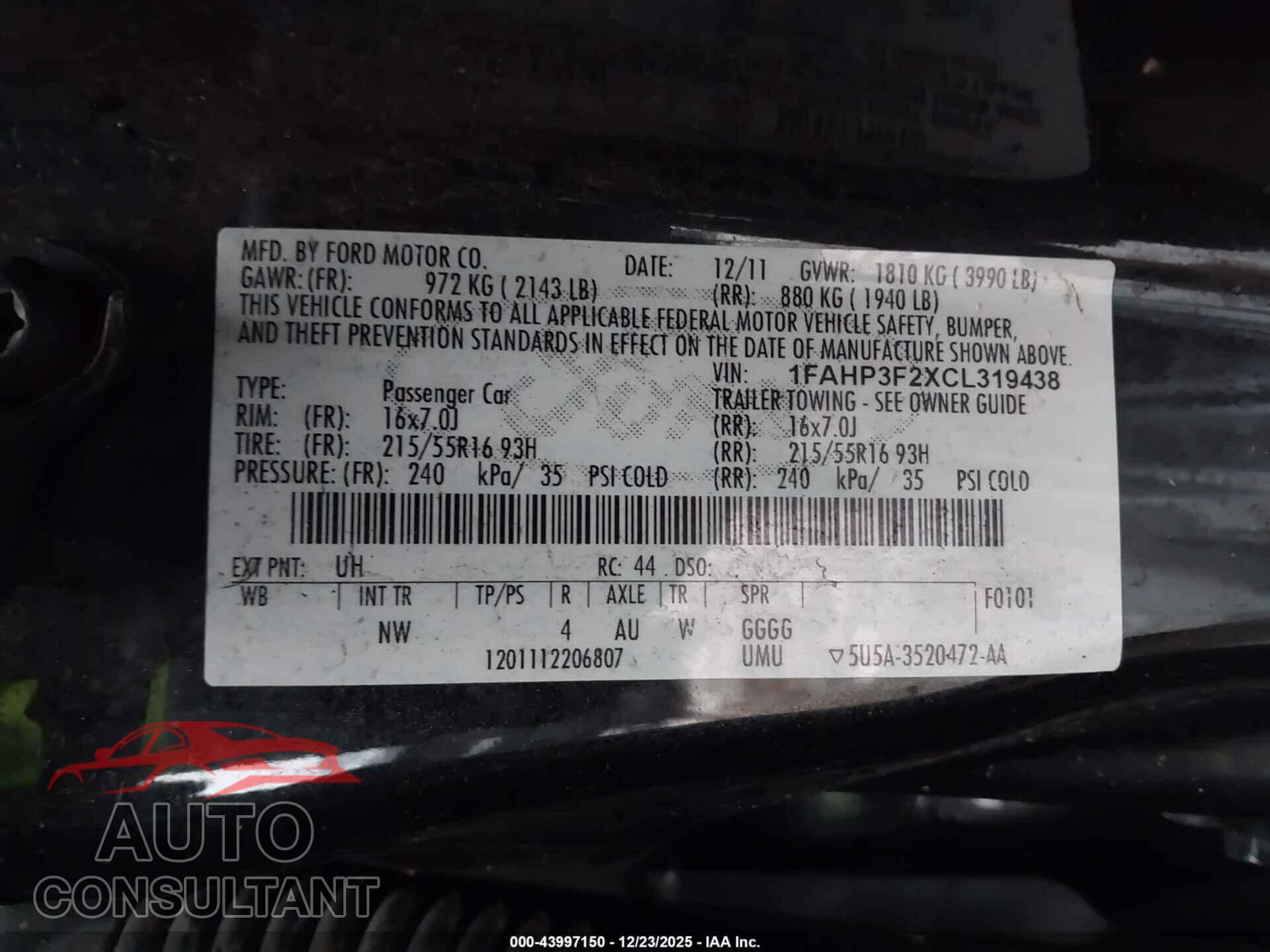 FORD FOCUS 2012 - 1FAHP3F2XCL319438