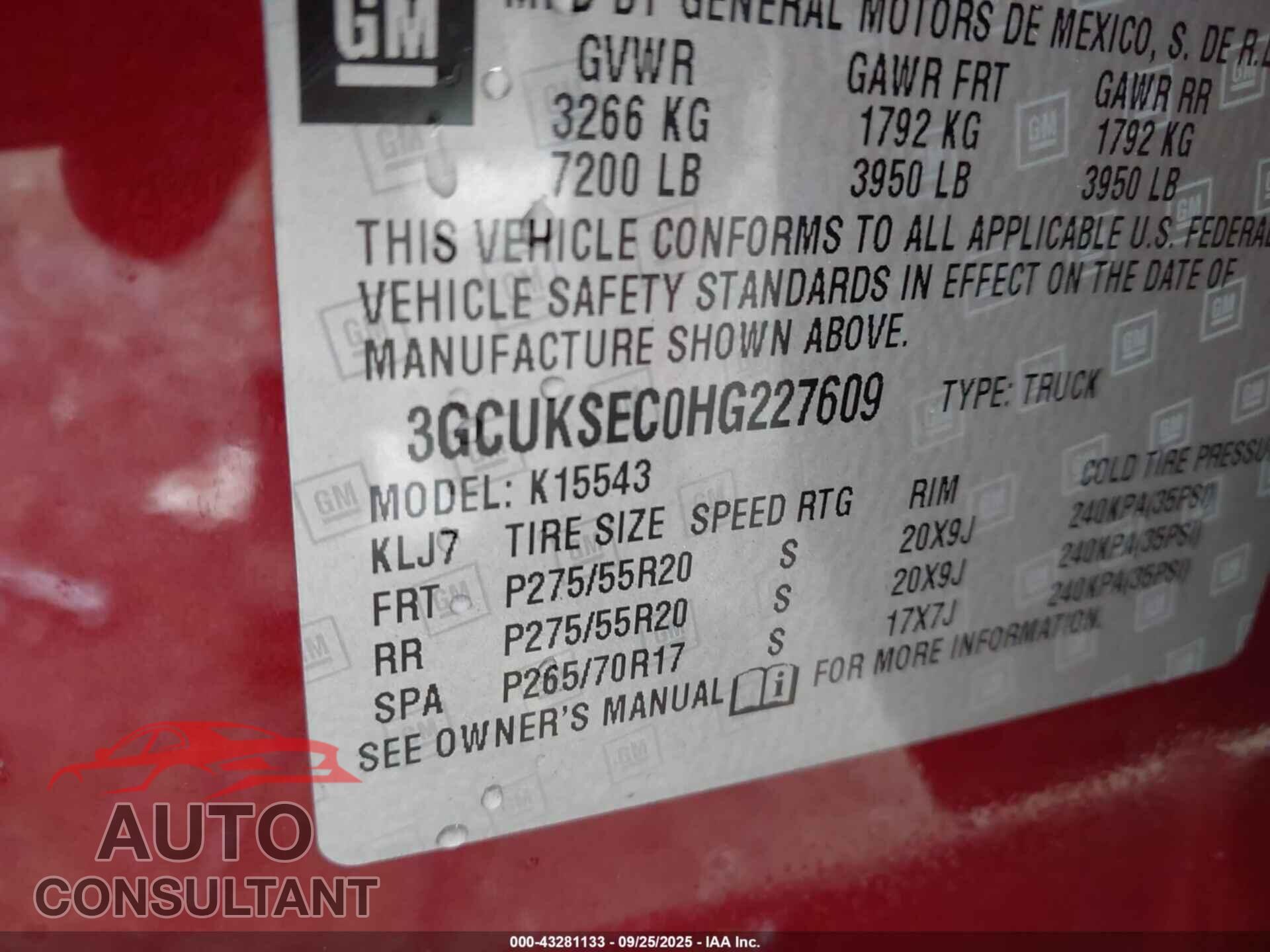 CHEVROLET SILVERADO 1500 2017 - 3GCUKSEC0HG227609