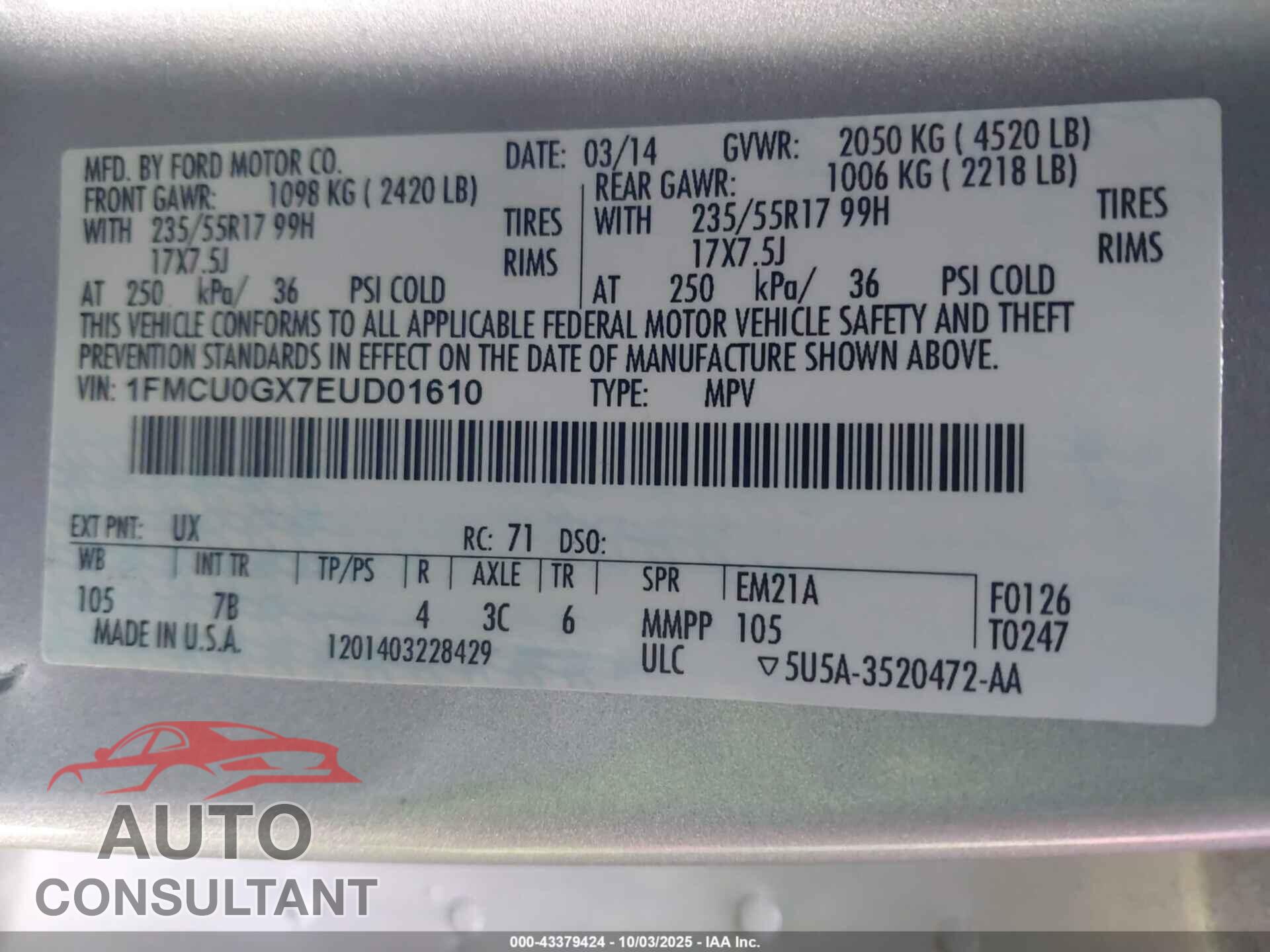 FORD ESCAPE 2014 - 1FMCU0GX7EUD01610