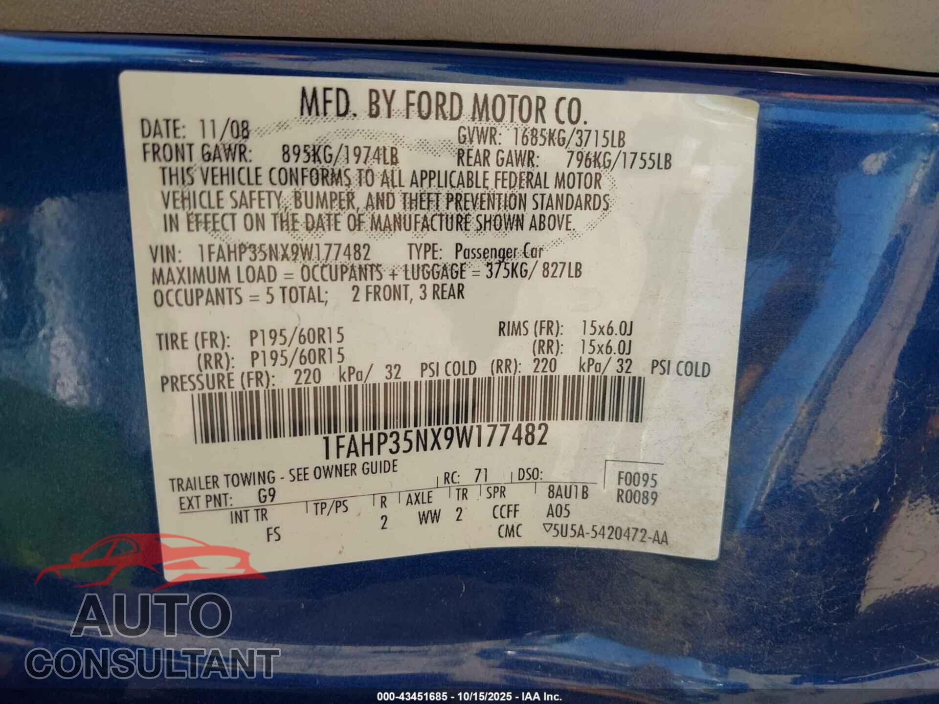 FORD FOCUS 2009 - 1FAHP35NX9W177482