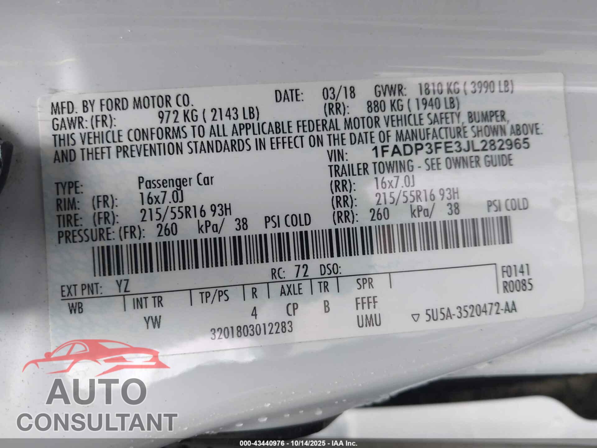 FORD FOCUS 2018 - 1FADP3FE3JL282965