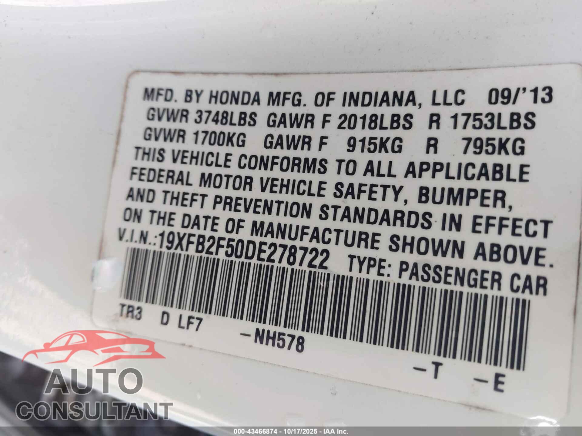 HONDA CIVIC 2013 - 19XFB2F50DE278722