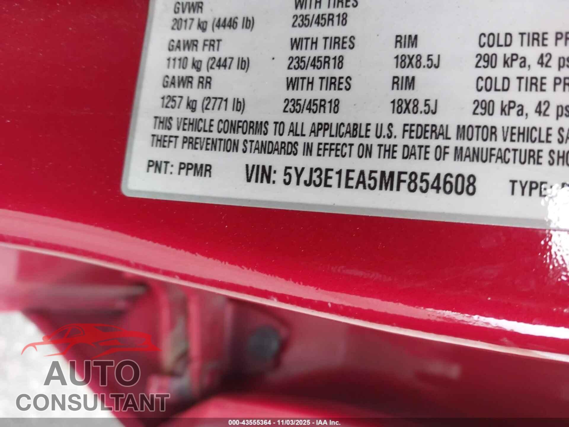 TESLA MODEL 3 2021 - 5YJ3E1EA5MF854608