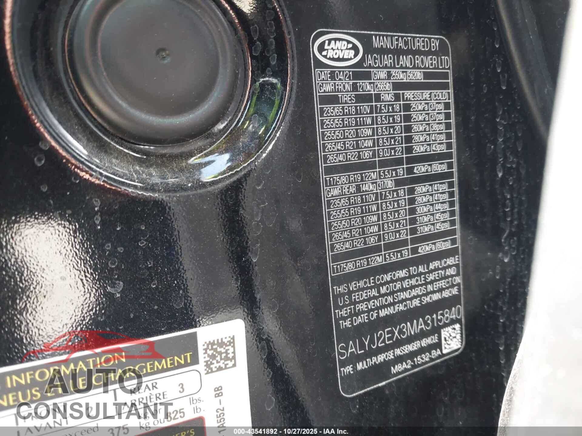 LAND ROVER RANGE ROVER VELAR 2021 - SALYJ2EX3MA315840