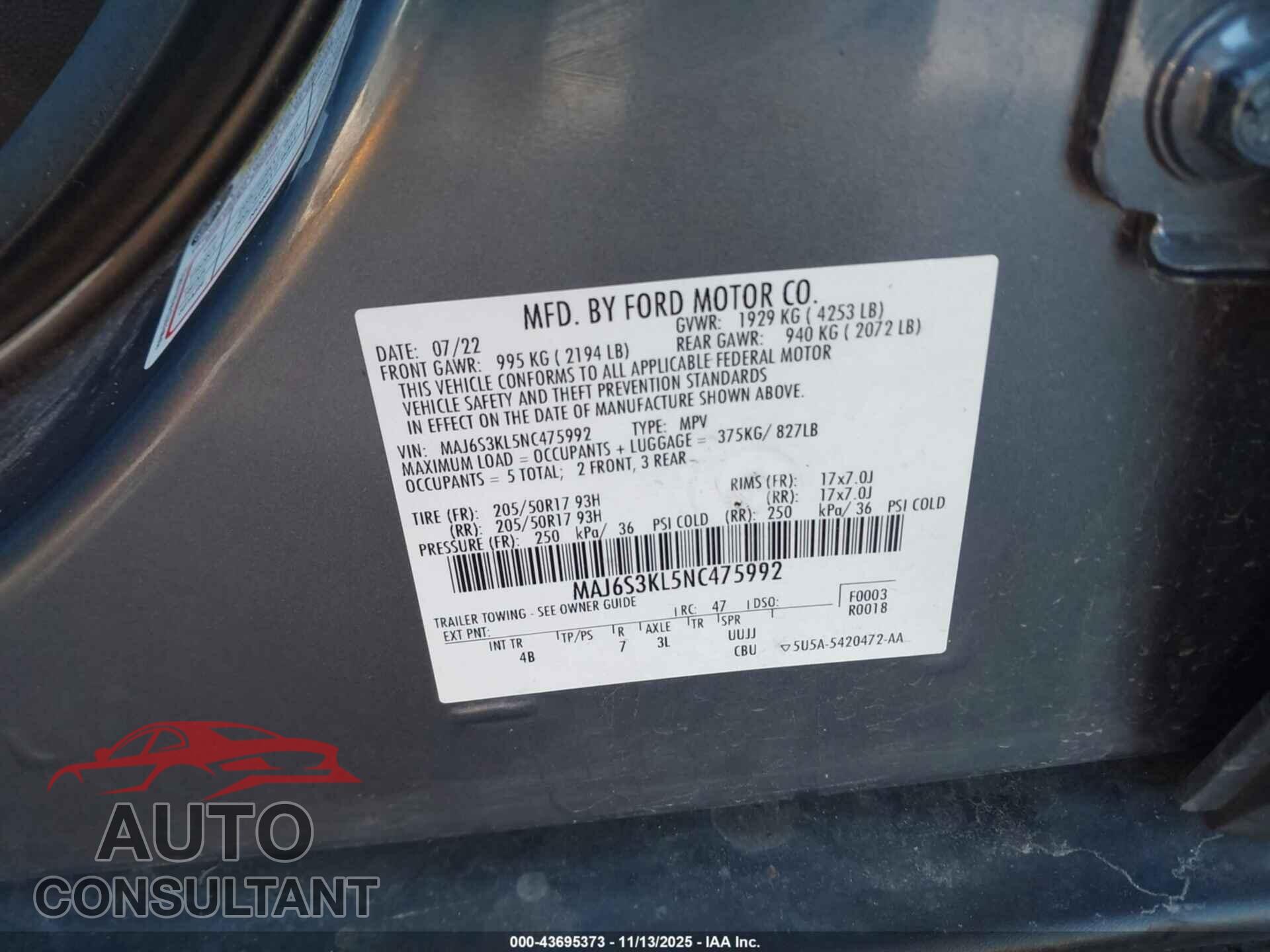 FORD ECOSPORT 2022 - MAJ6S3KL5NC475992