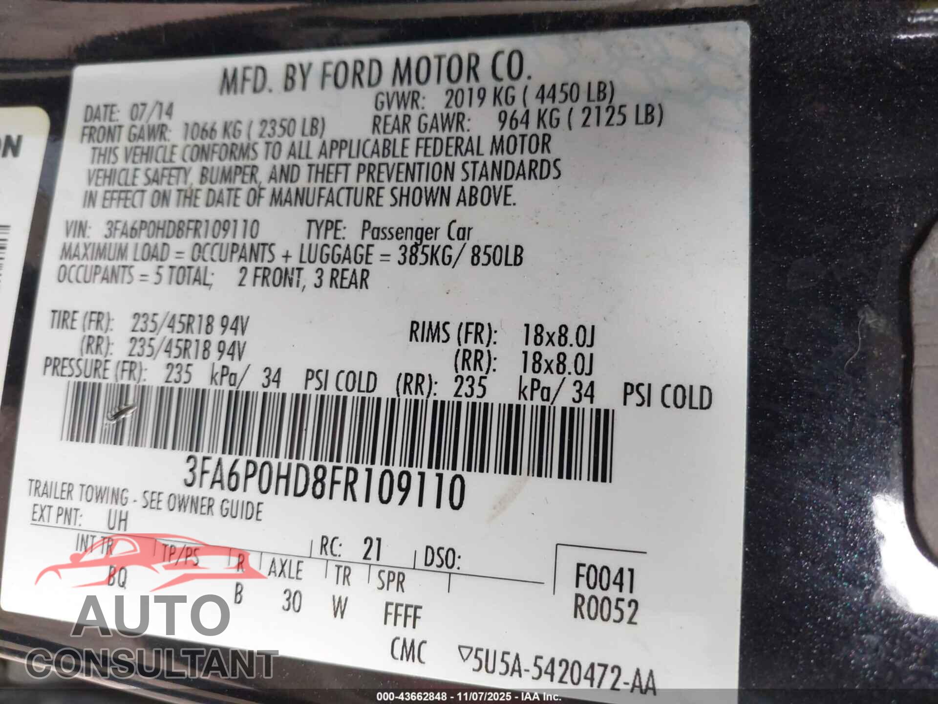FORD FUSION 2015 - 3FA6P0HD8FR109110