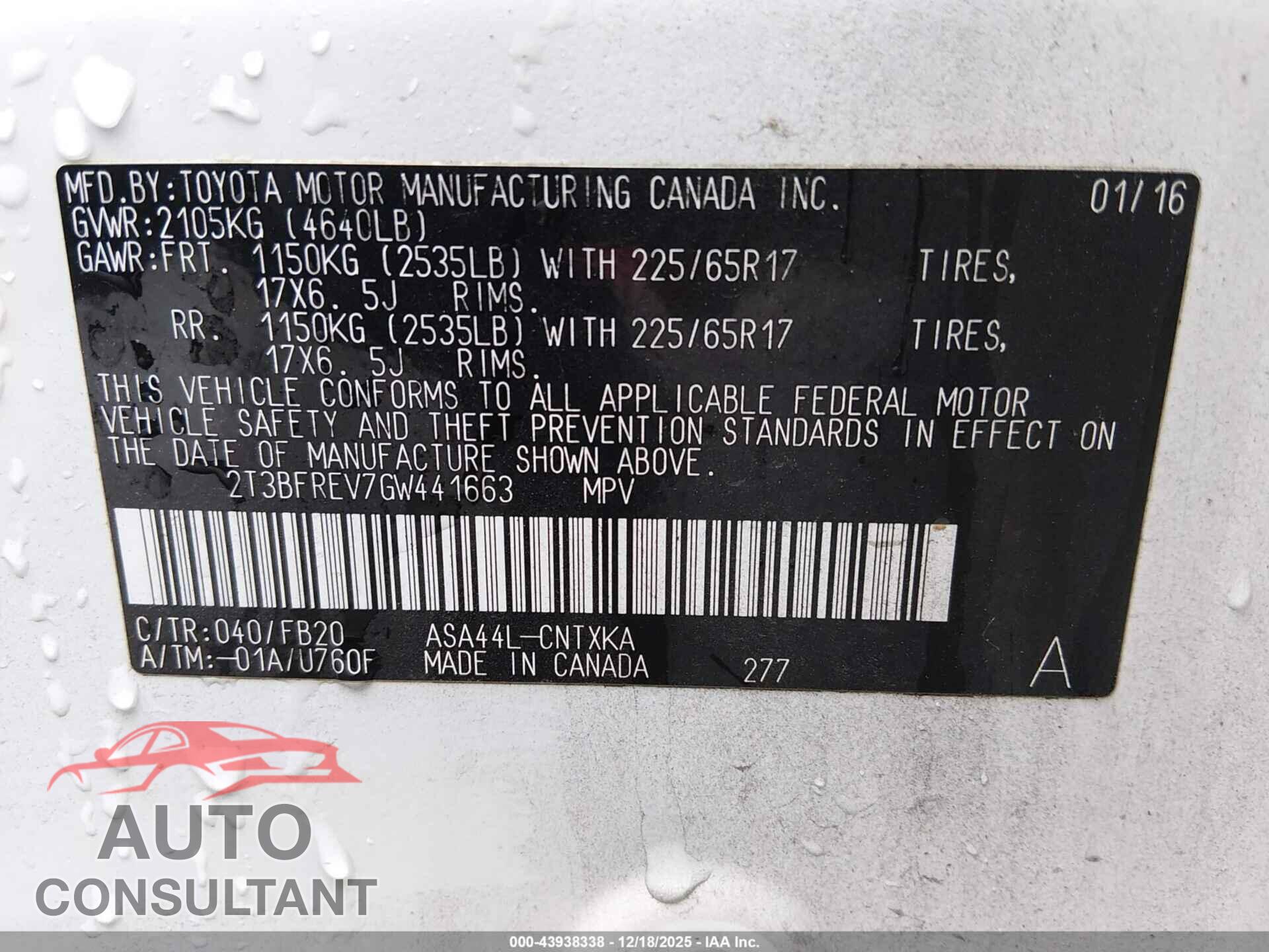 TOYOTA RAV4 2016 - 2T3BFREV7GW441663