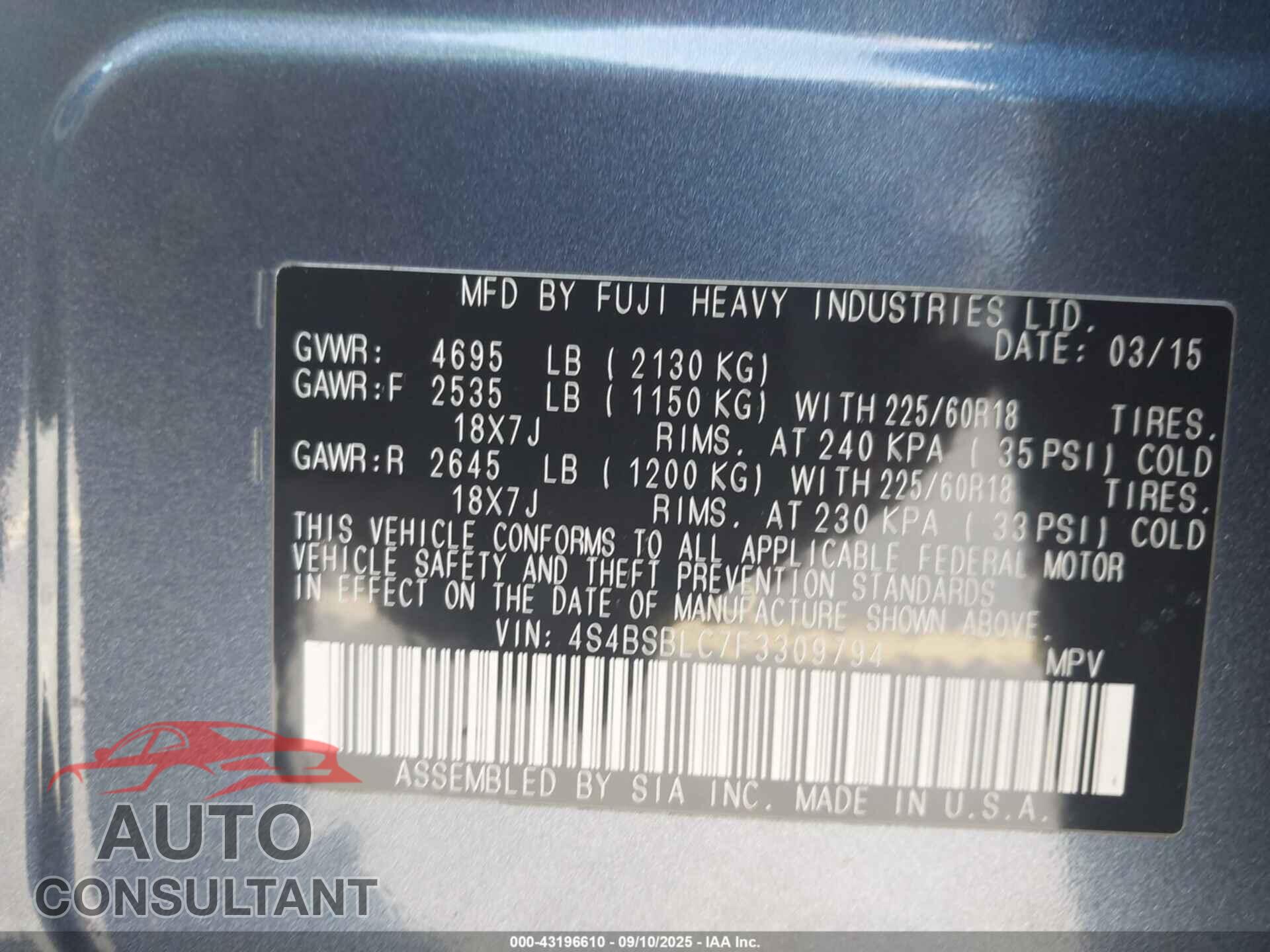 SUBARU OUTBACK 2015 - 4S4BSBLC7F3309794