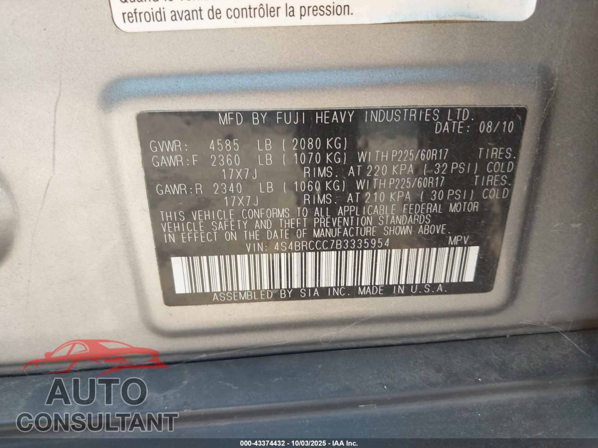 SUBARU OUTBACK 2011 - 4S4BRCCC7B3335954