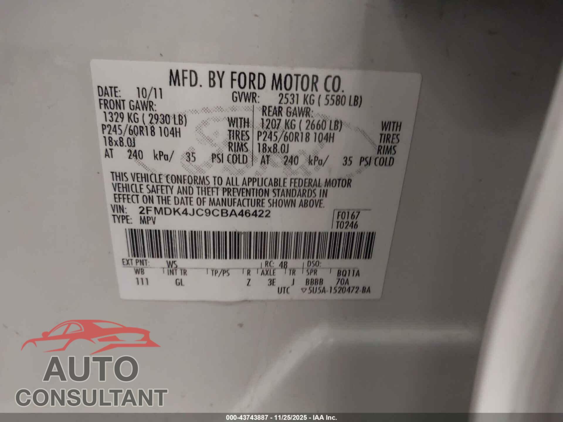 FORD EDGE 2012 - 2FMDK4JC9CBA46422