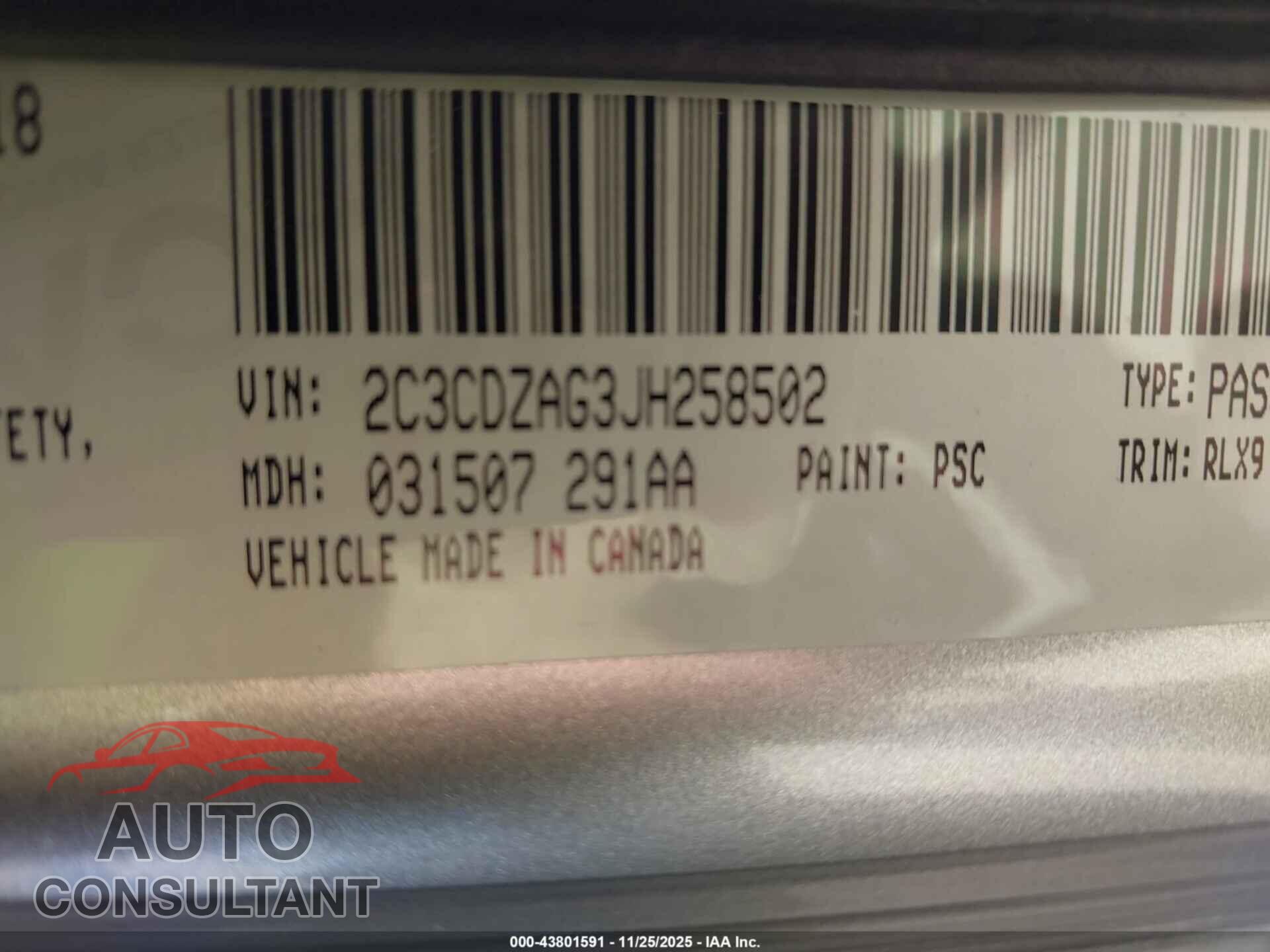 DODGE CHALLENGER 2018 - 2C3CDZAG3JH258502