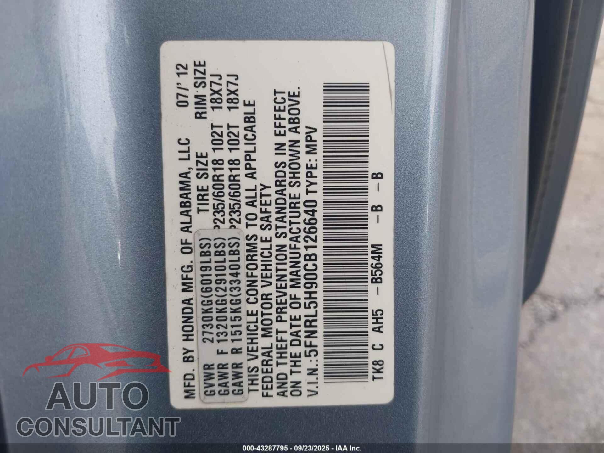 HONDA ODYSSEY 2012 - 5FNRL5H90CB126640