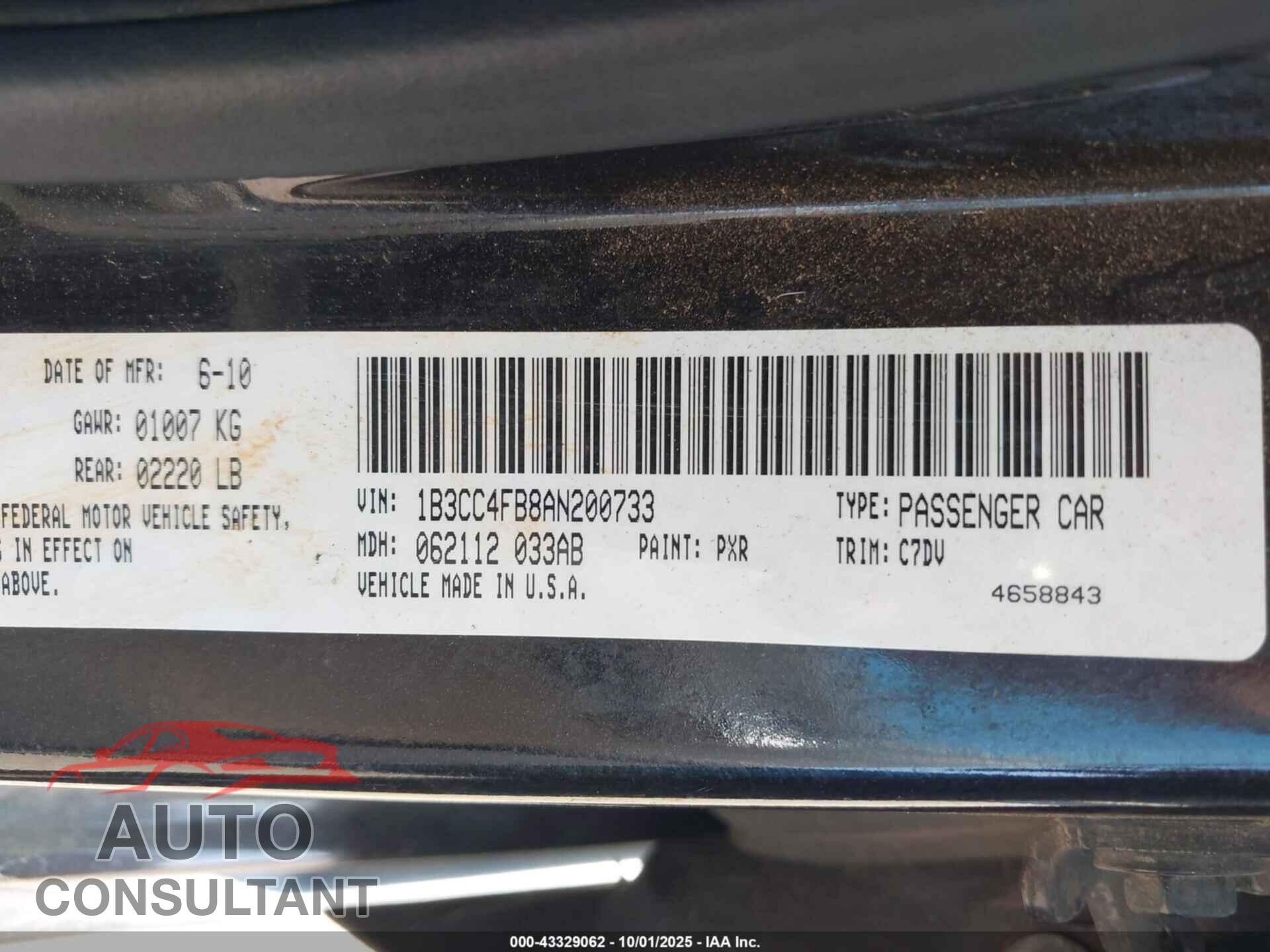 DODGE AVENGER 2010 - 1B3CC4FB8AN200733
