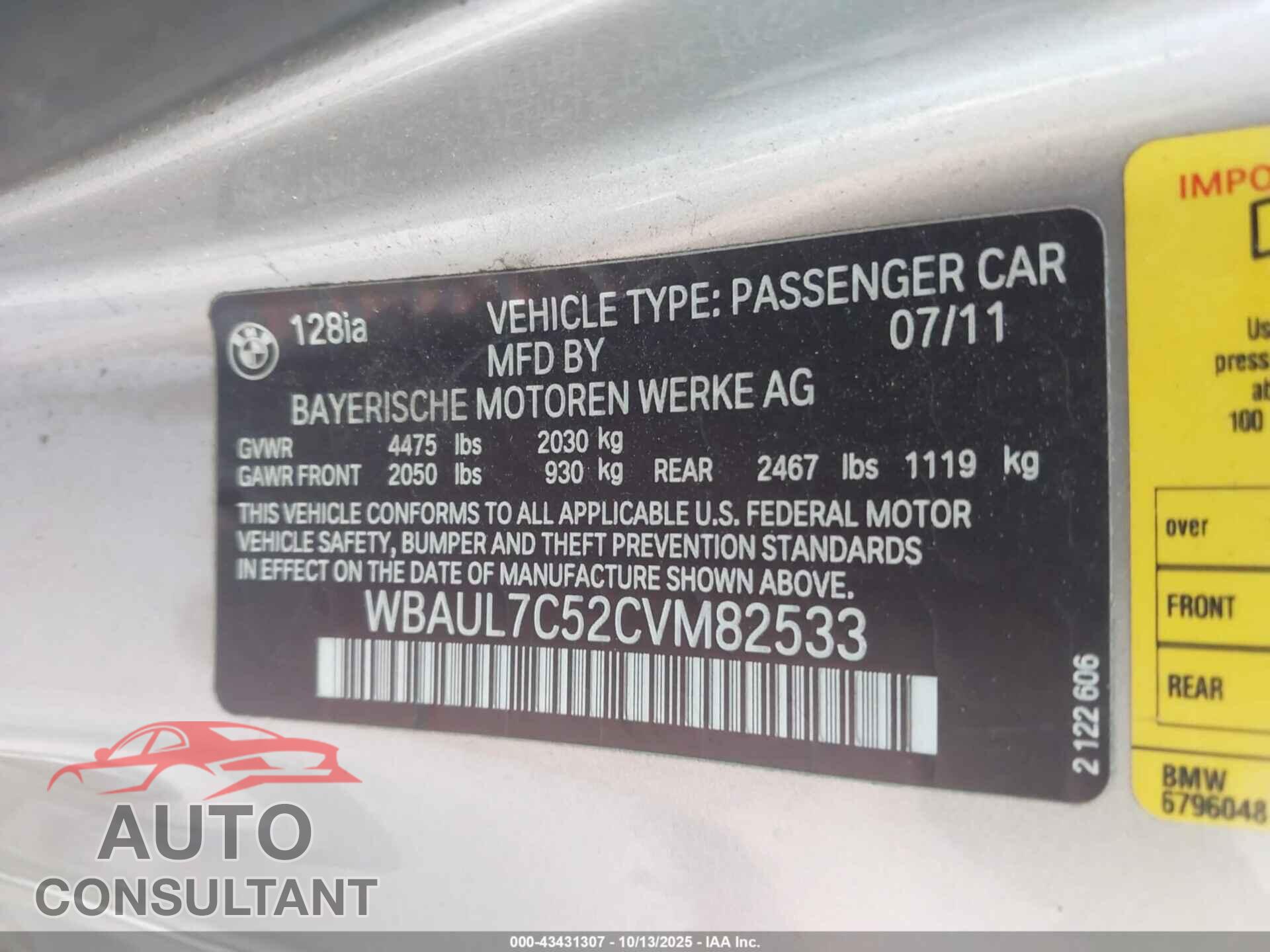 BMW 128I 2012 - WBAUL7C52CVM82533