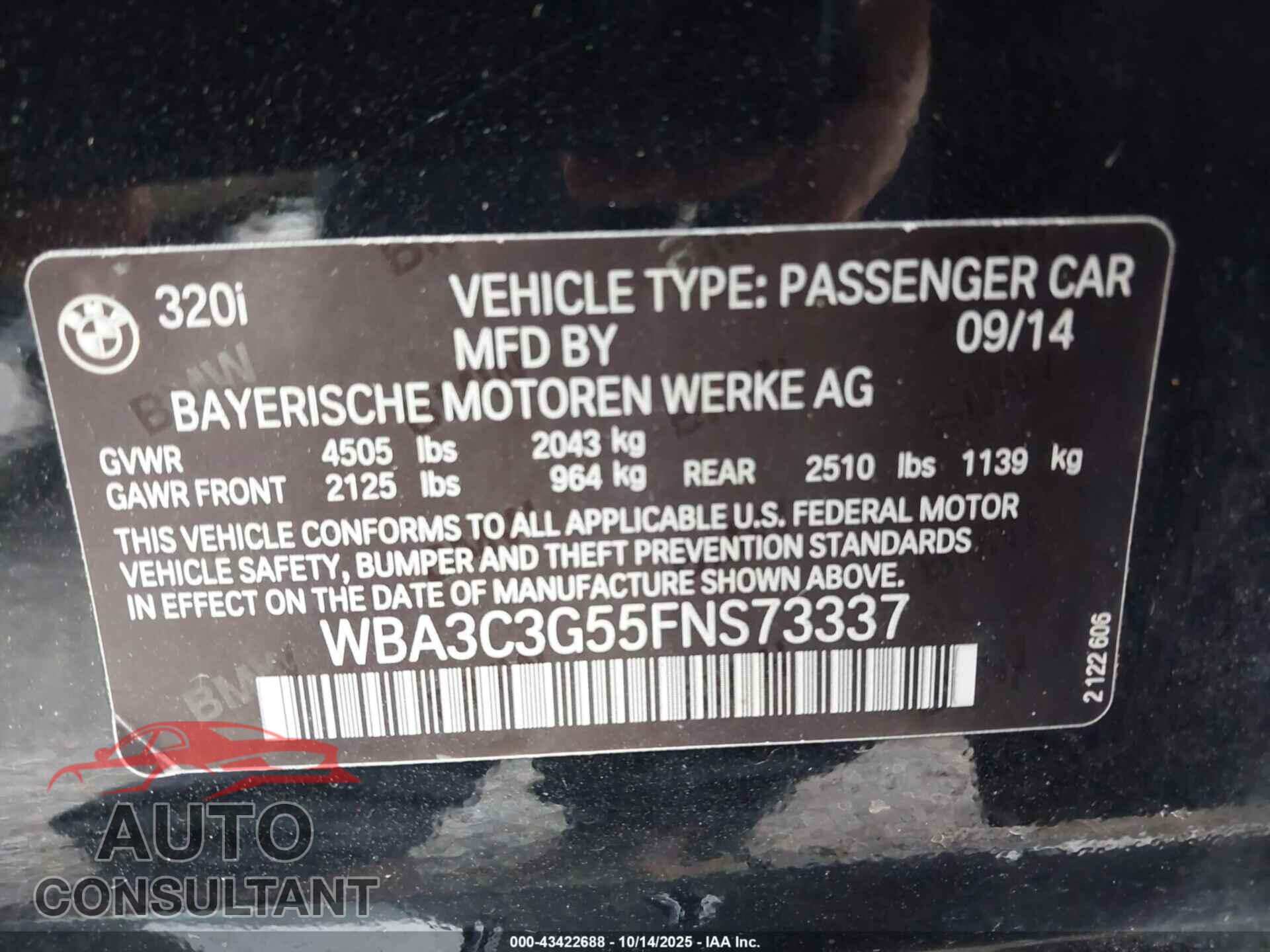 BMW 320I 2015 - WBA3C3G55FNS73337