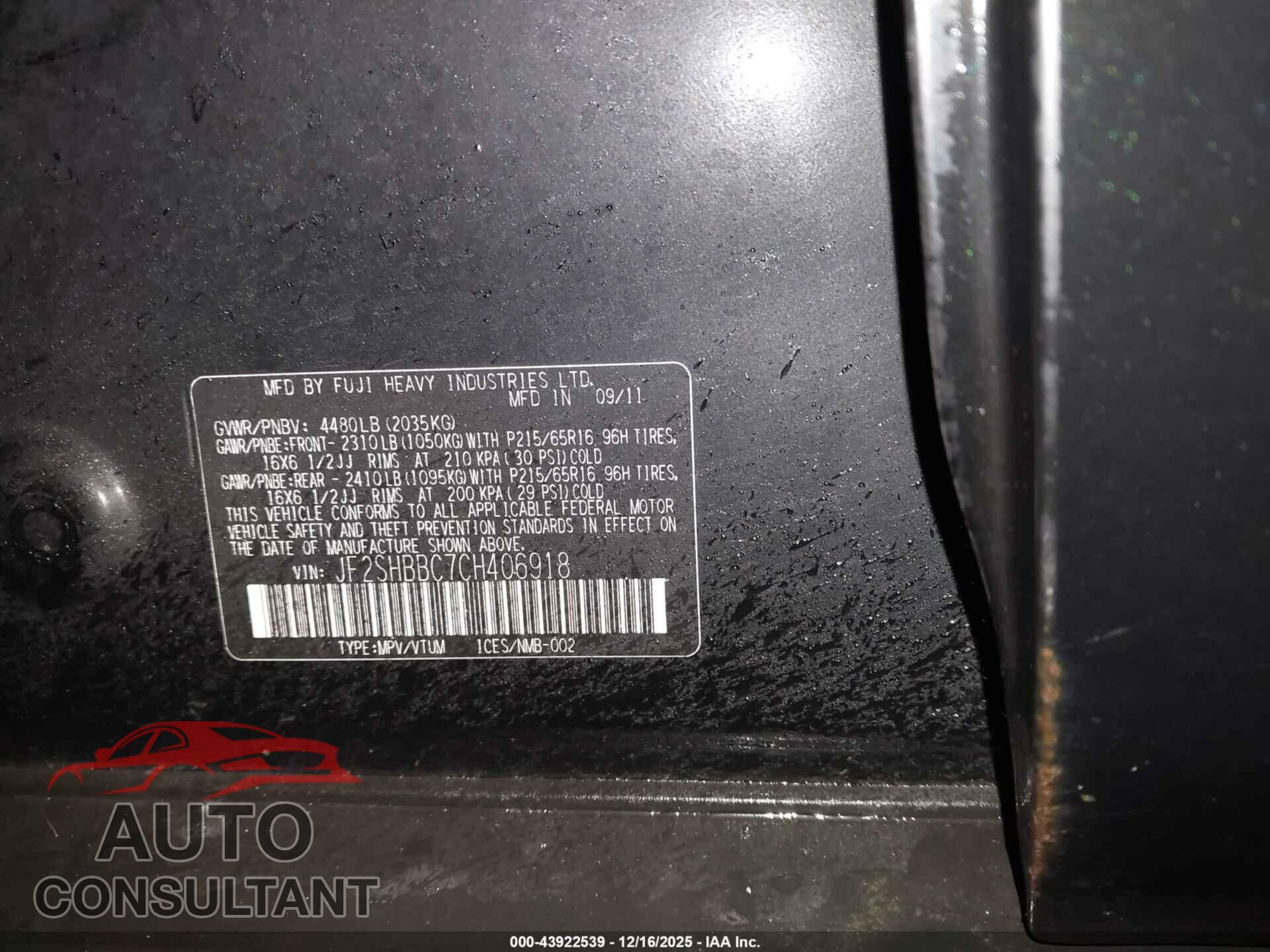 SUBARU FORESTER 2012 - JF2SHBBC7CH406918