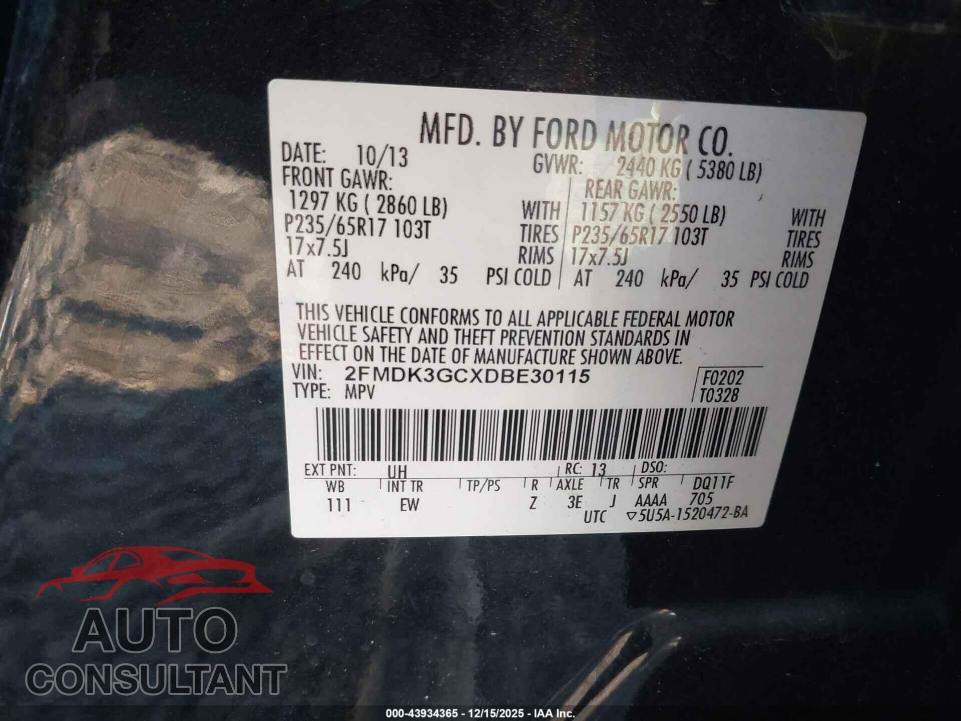FORD EDGE 2013 - 2FMDK3GCXDBE30115