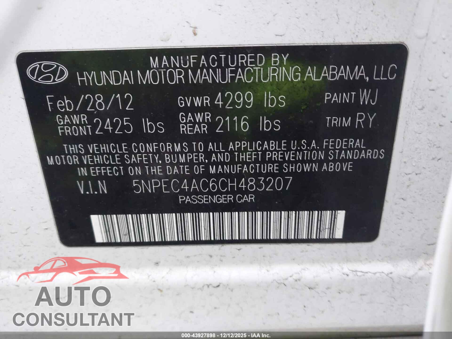 HYUNDAI SONATA 2012 - 5NPEC4AC6CH483207