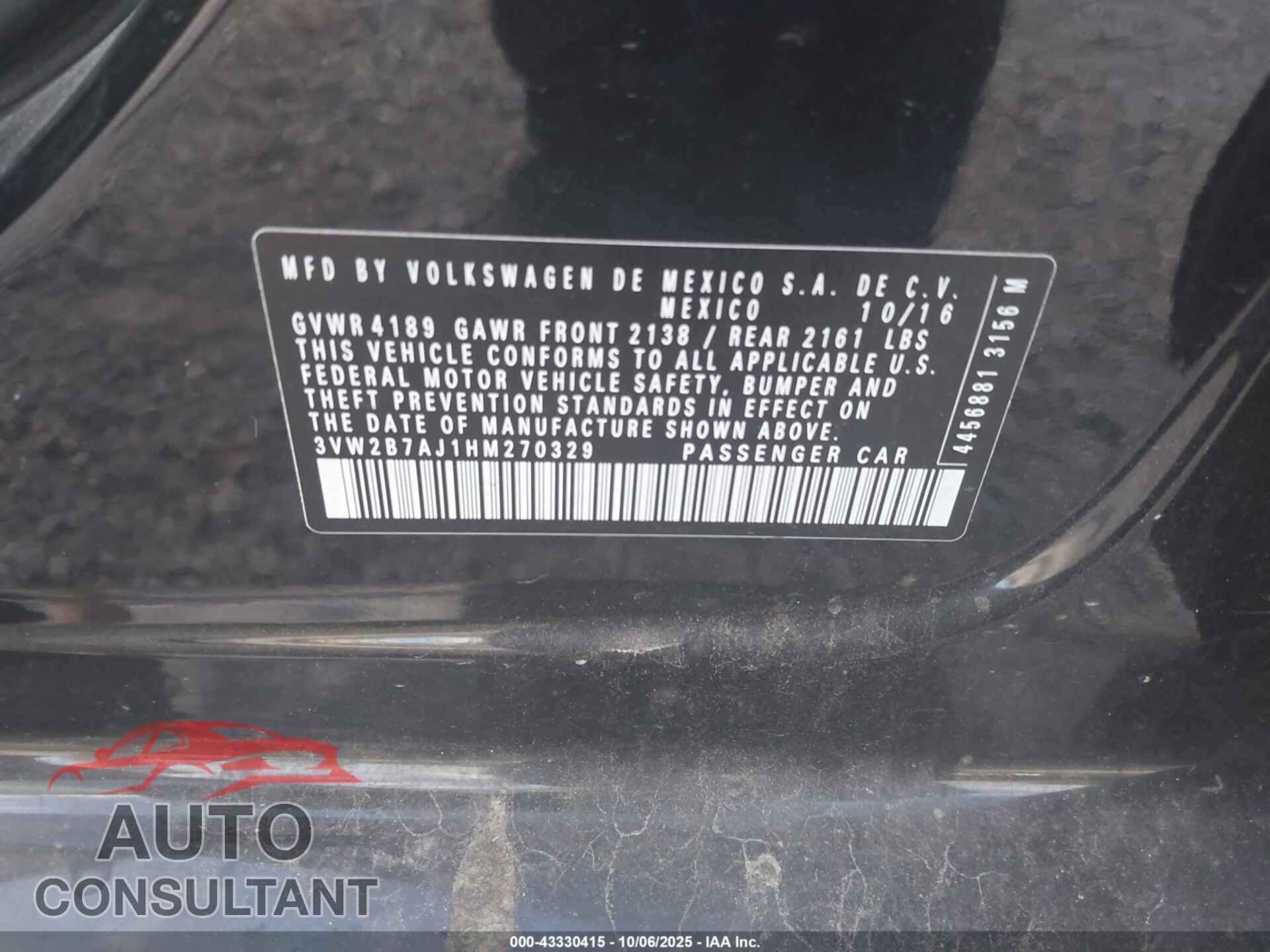 VOLKSWAGEN JETTA 2017 - 3VW2B7AJ1HM270329