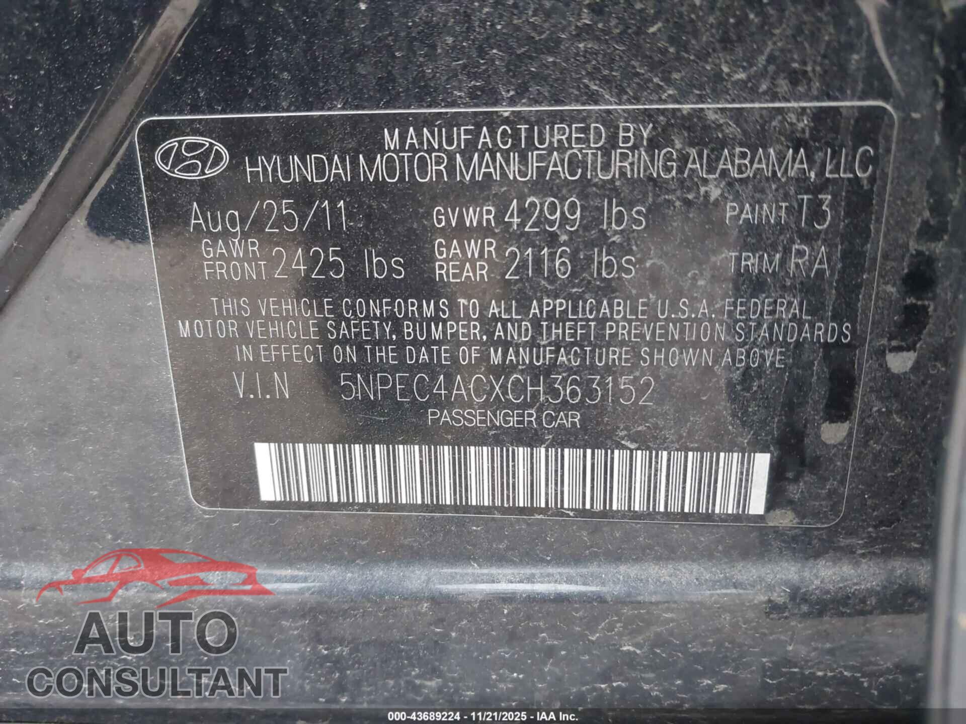 HYUNDAI SONATA 2012 - 5NPEC4ACXCH363152