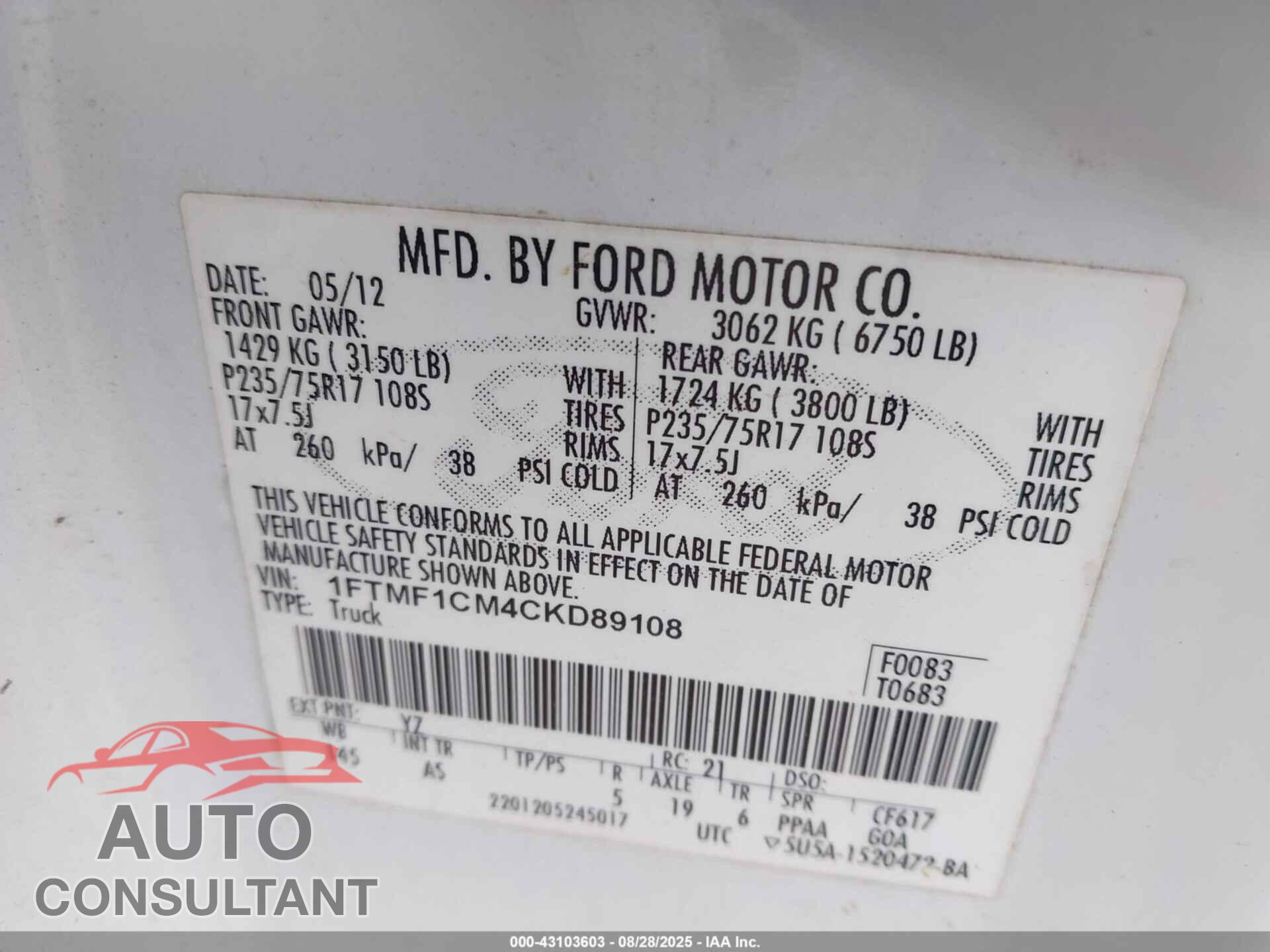 FORD F-150 2012 - 1FTMF1CM4CKD89108