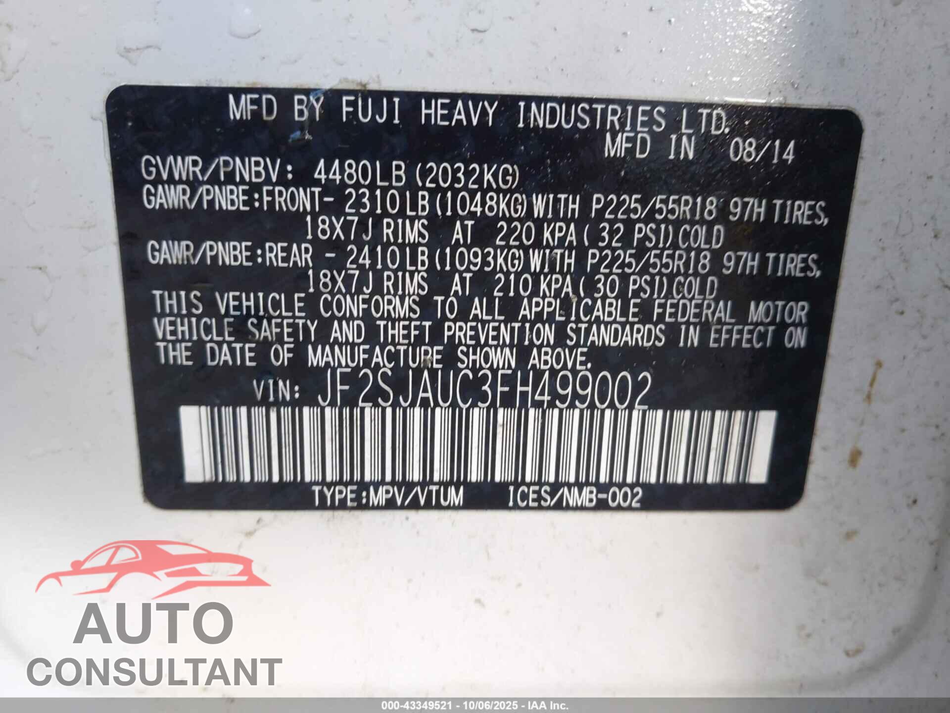 SUBARU FORESTER 2015 - JF2SJAUC3FH499002